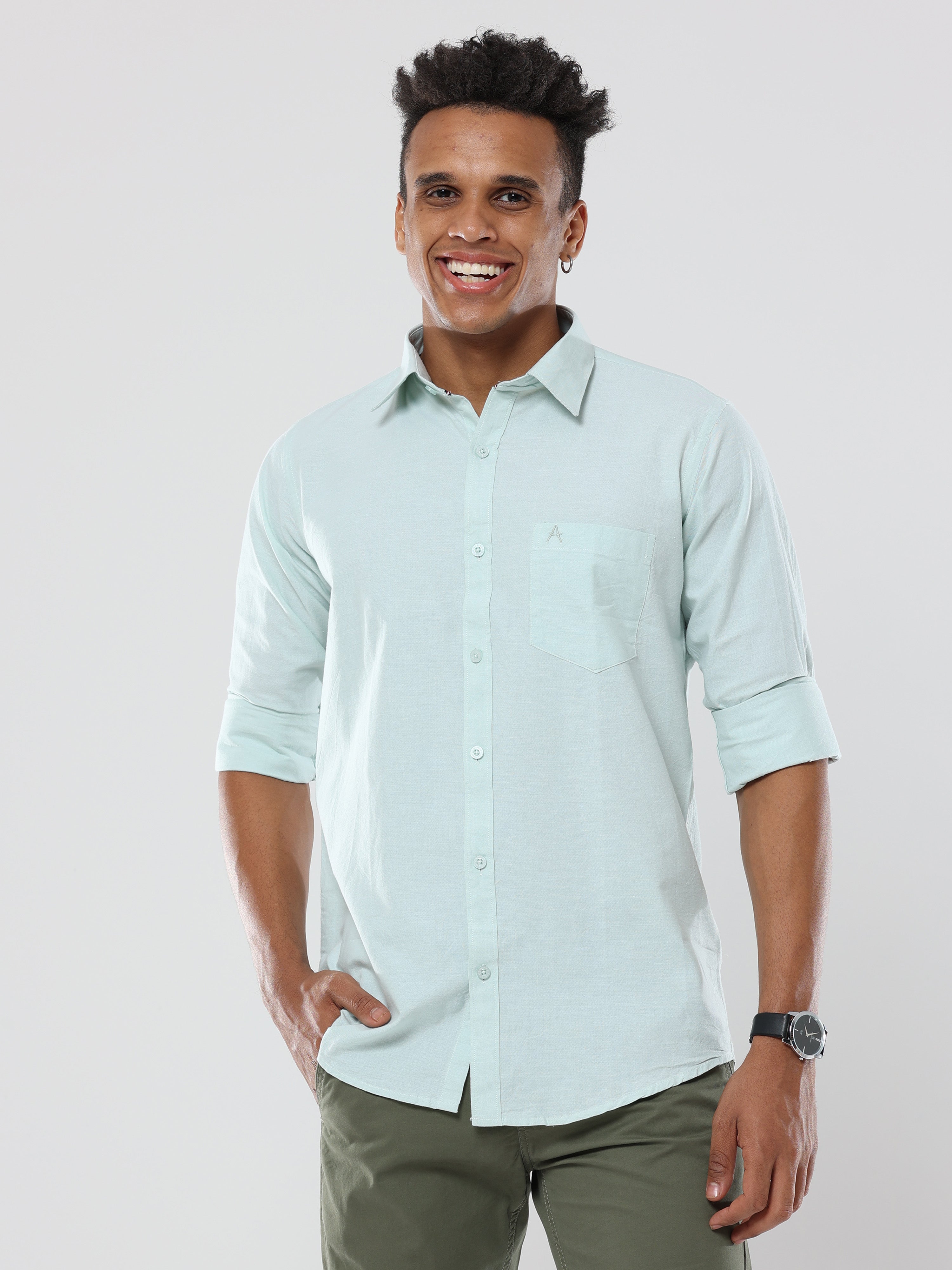 Mint Green Plain premium Cotton linen shirt with pocket for men