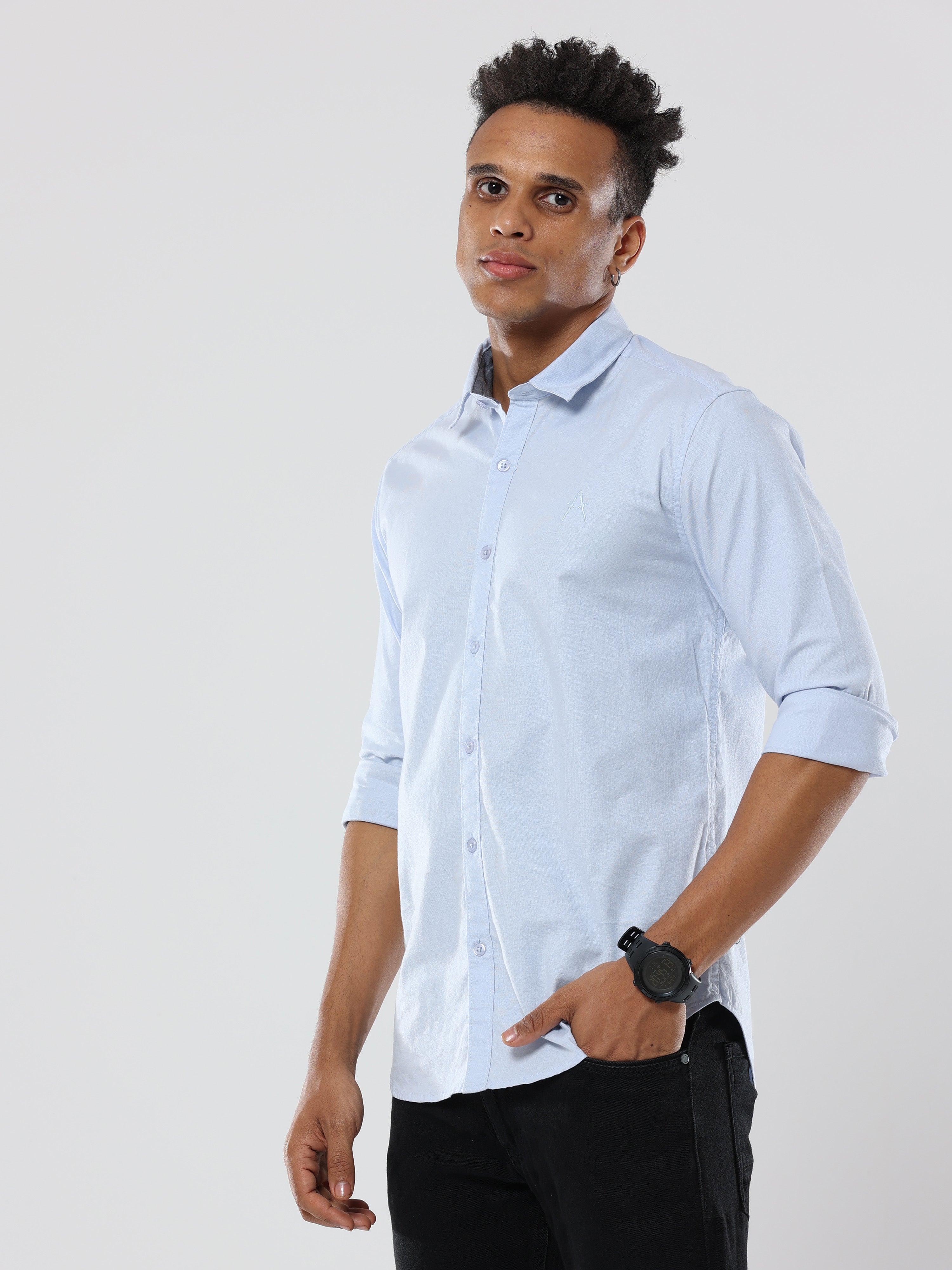 Light Blue Plain Premium Cotton Oxford Shirt For Men