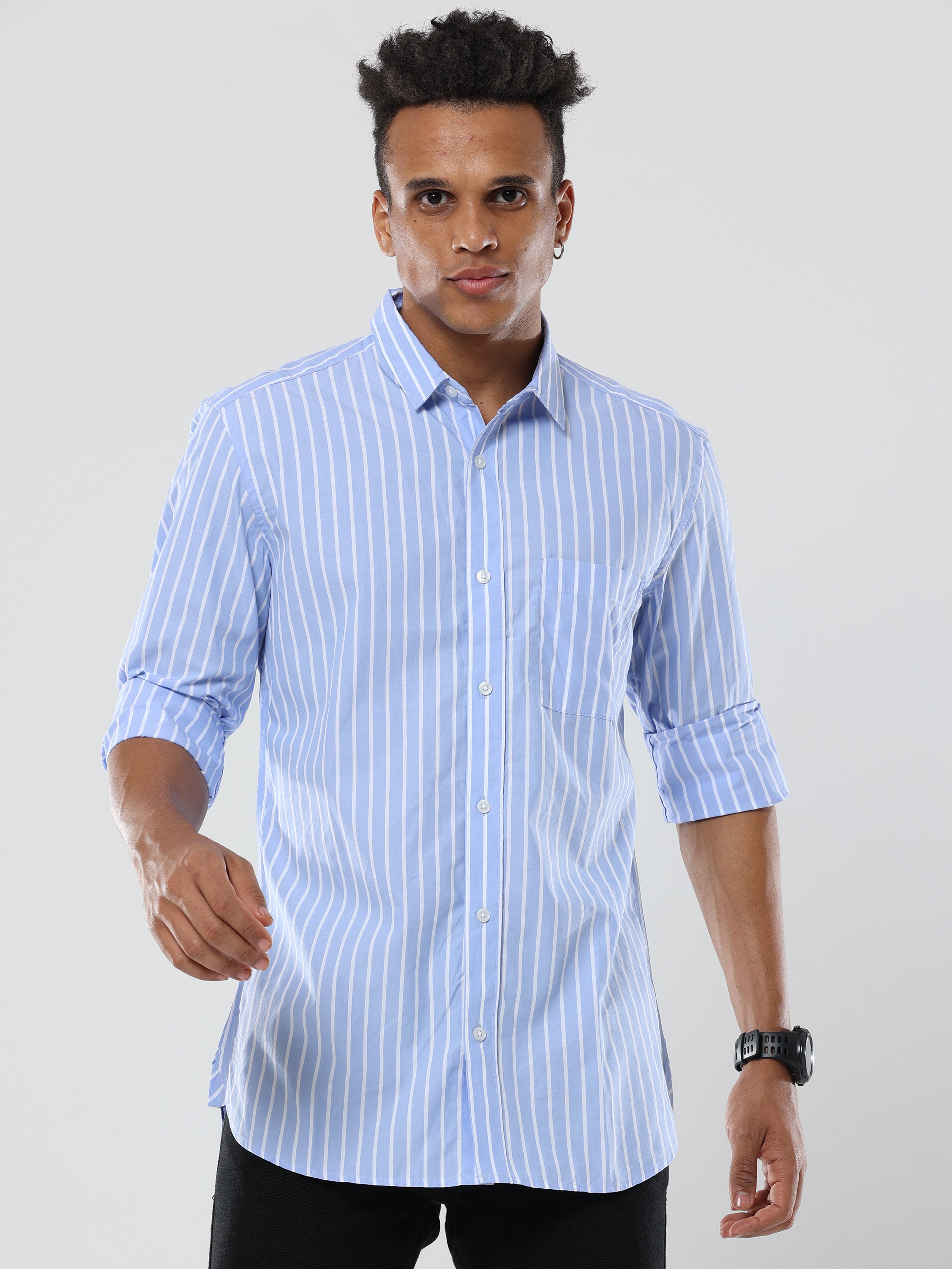 white- light blue striped Premium cotton Formal Shirt for men