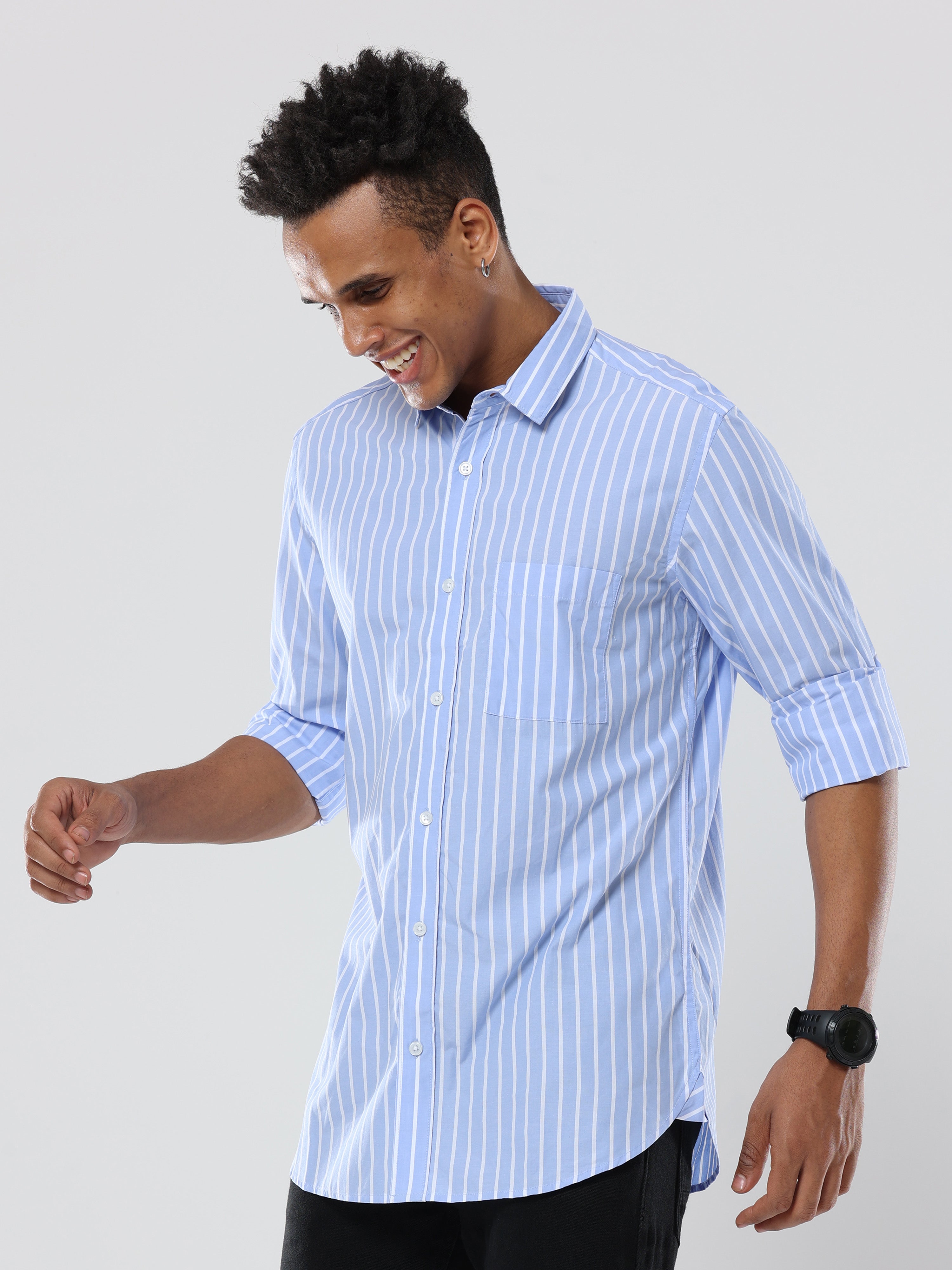 white- light blue striped Premium cotton Formal Shirt for men