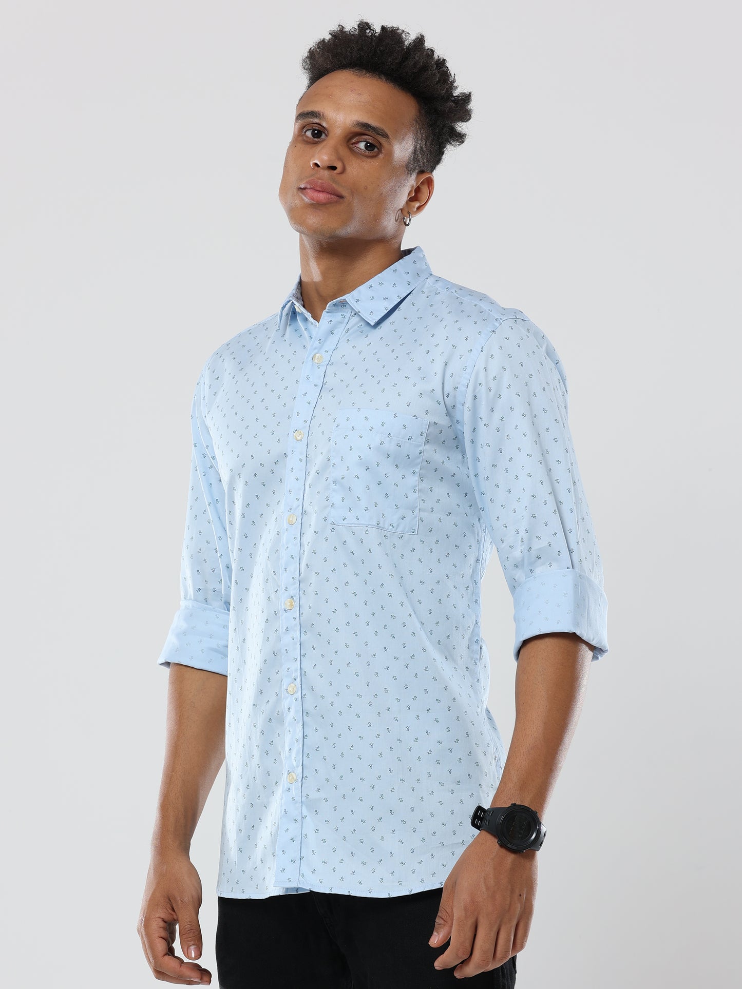 Flower bunch printed light blue premium cotton formal shirt for men