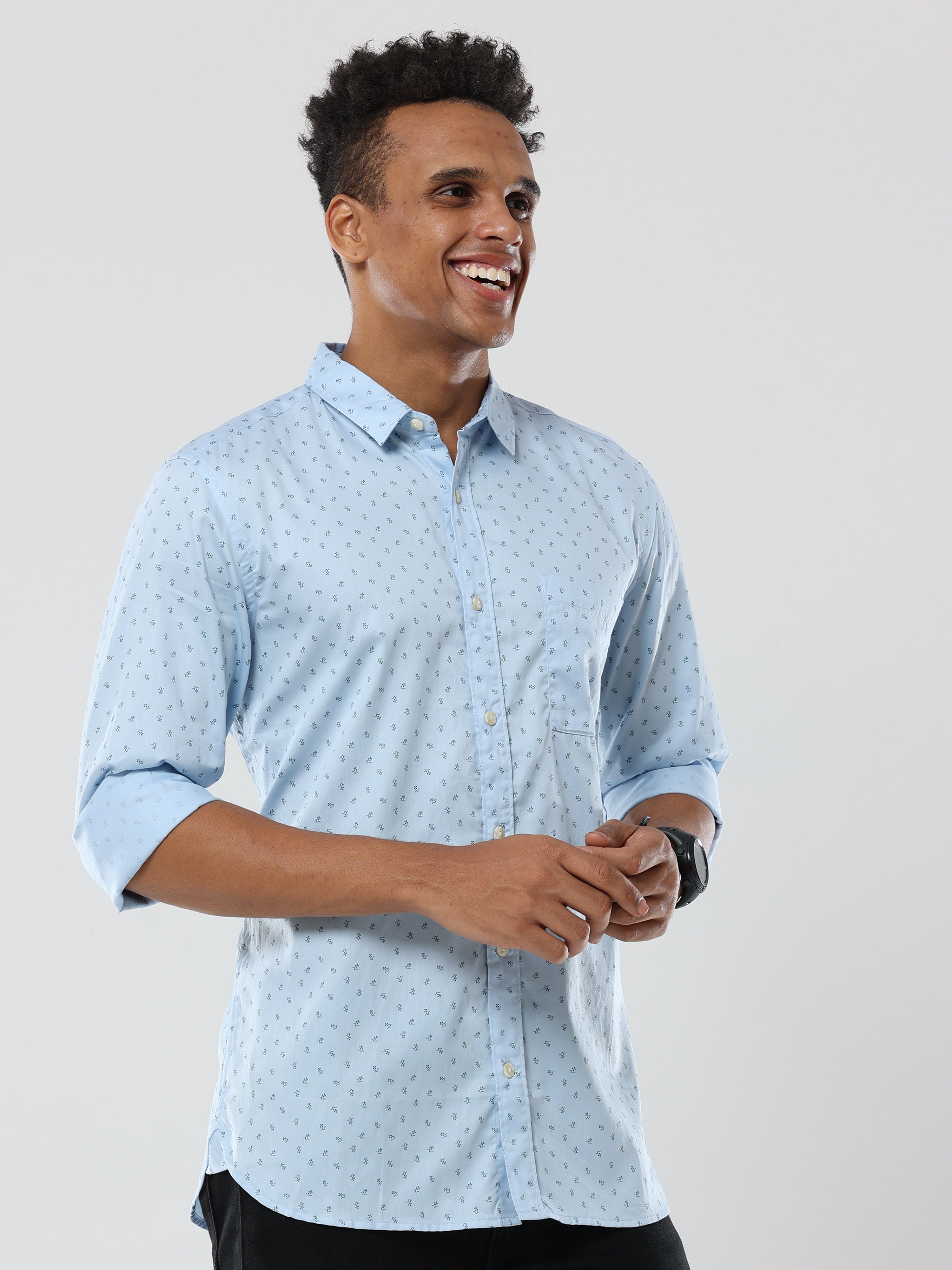 Flower bunch printed light blue premium cotton formal shirt for men