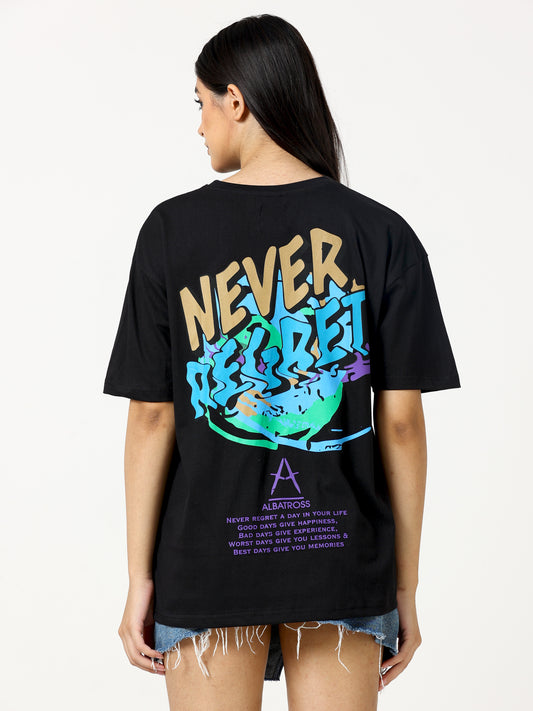 Black Never Regret Printed Oversized T-shirt - UNISEX