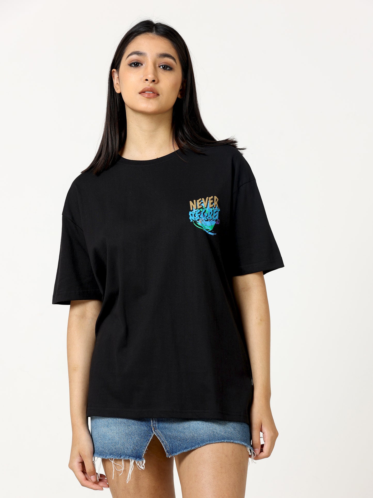 Black Never Regret Printed Oversized T-shirt - UNISEX