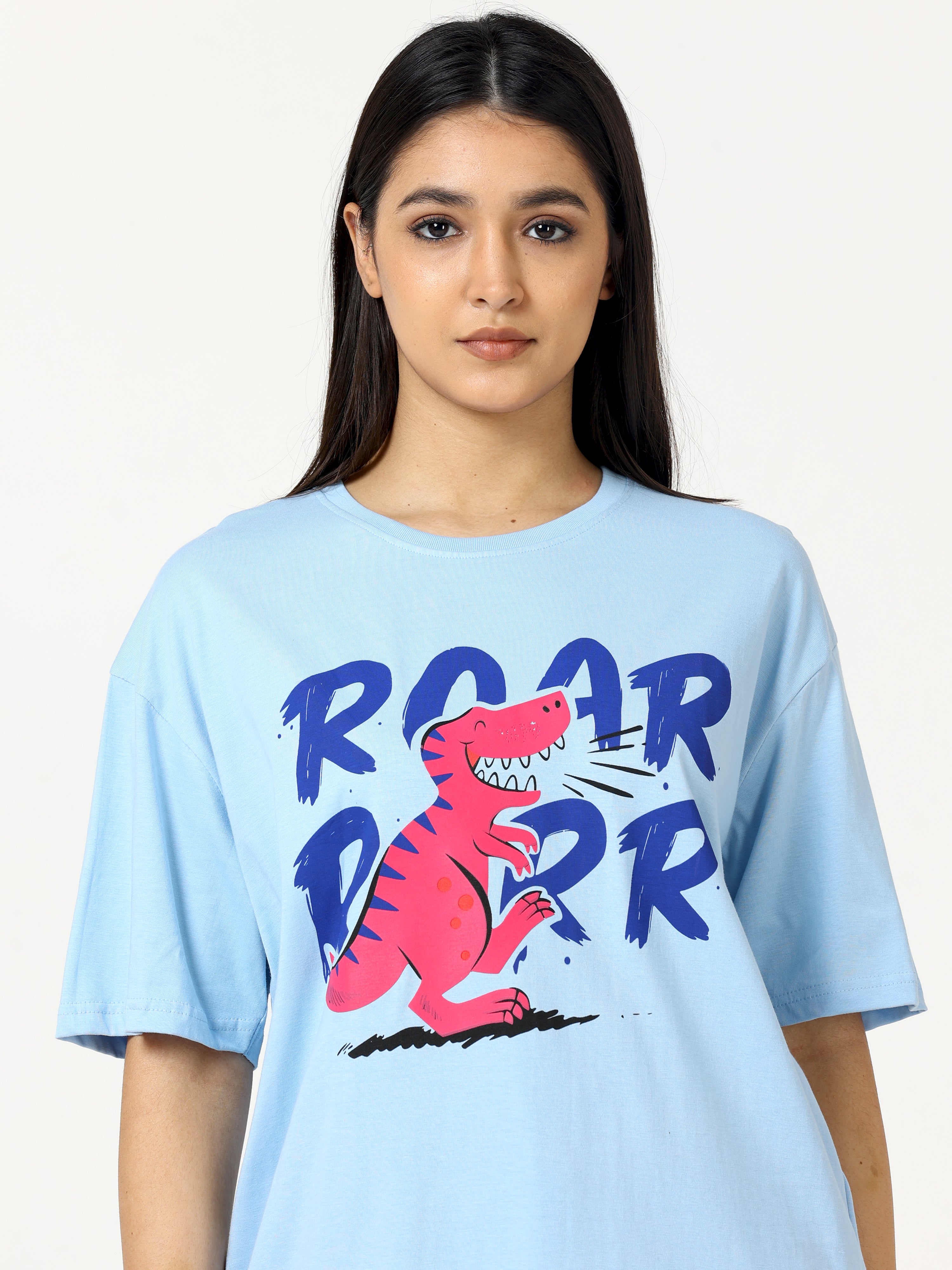 Light Blue Roar Dinosaur Printed Oversized T-shirt - UNISEX