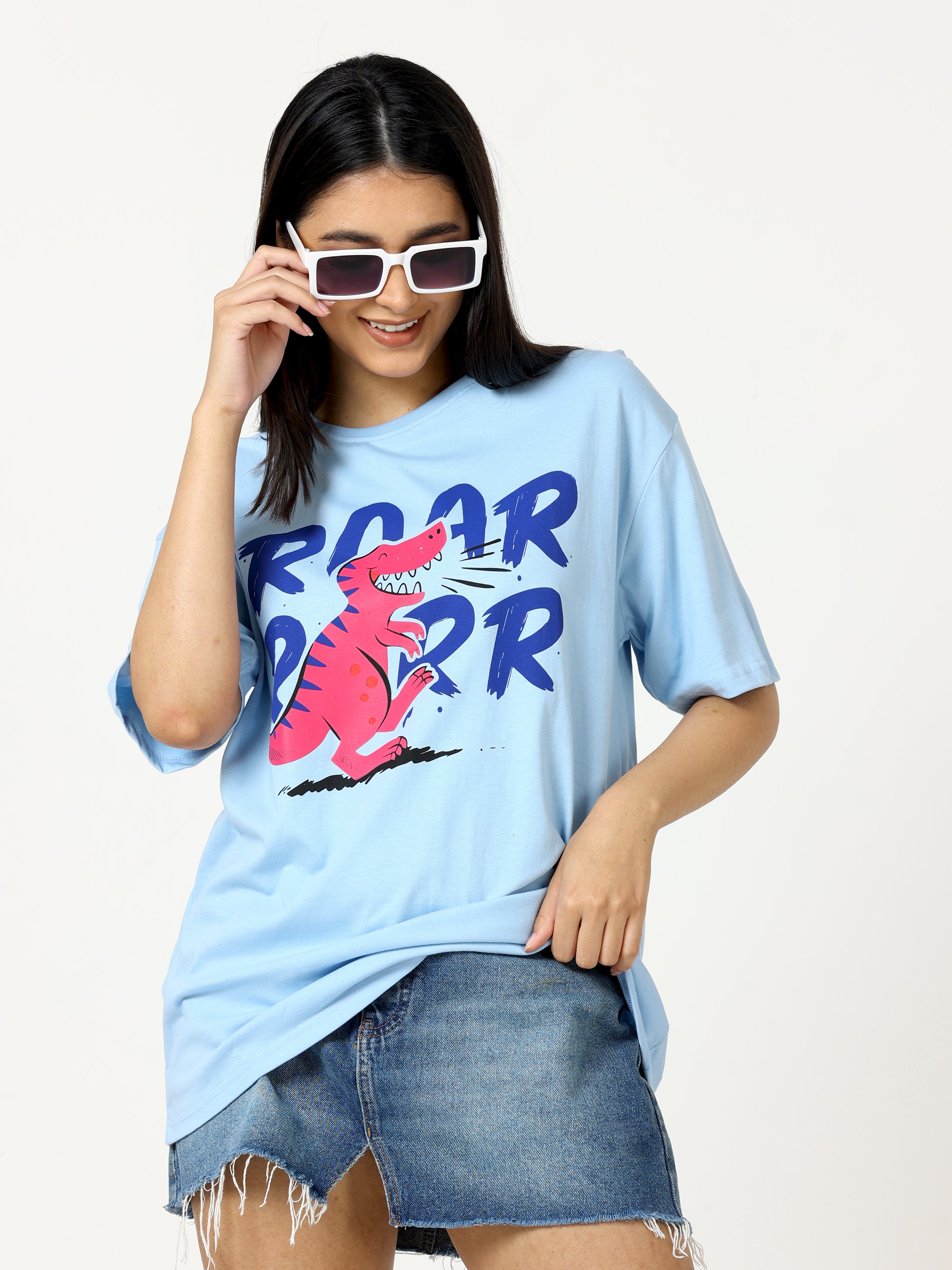 Light Blue Roar Dinosaur Printed Oversized T-shirt - UNISEX