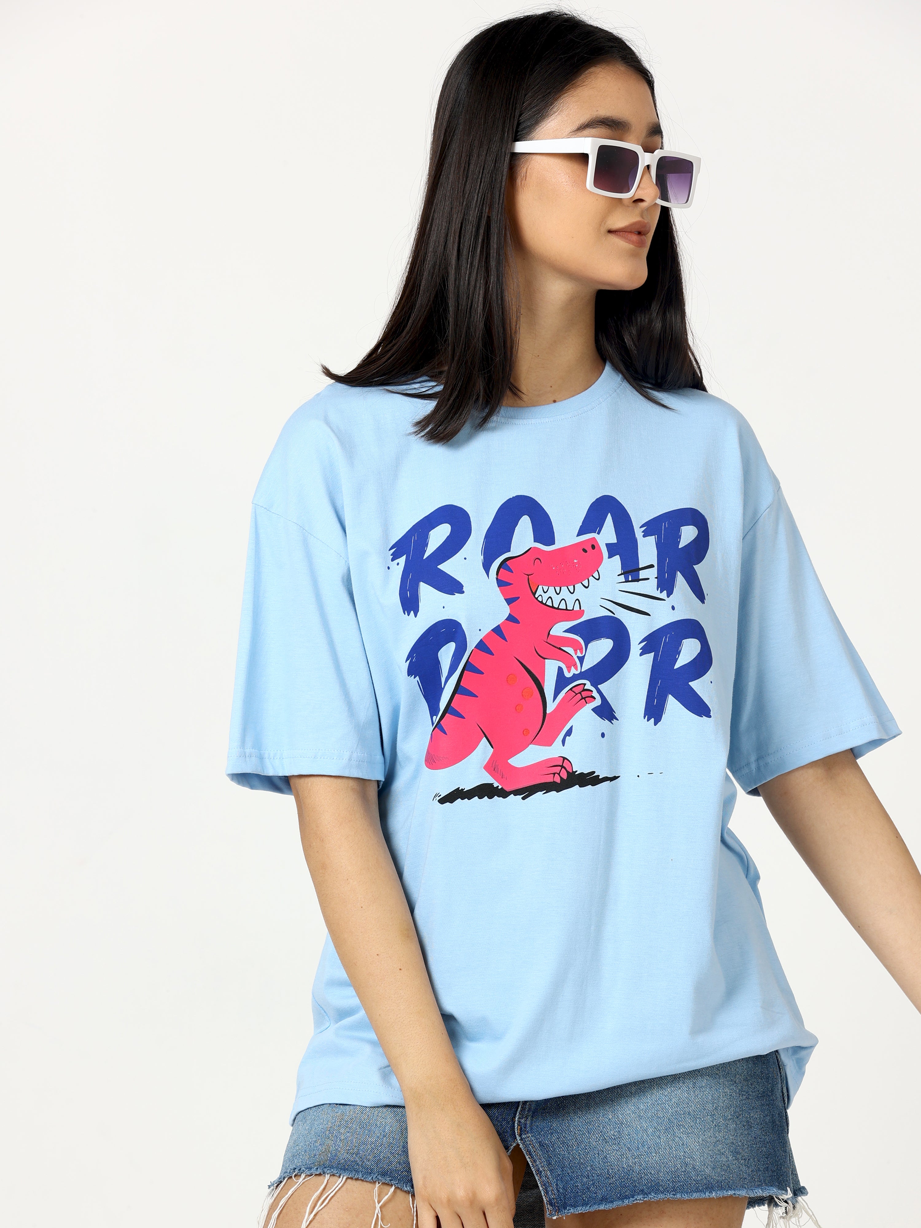 Light Blue Roar Dinosaur Printed Oversized T-shirt - UNISEX