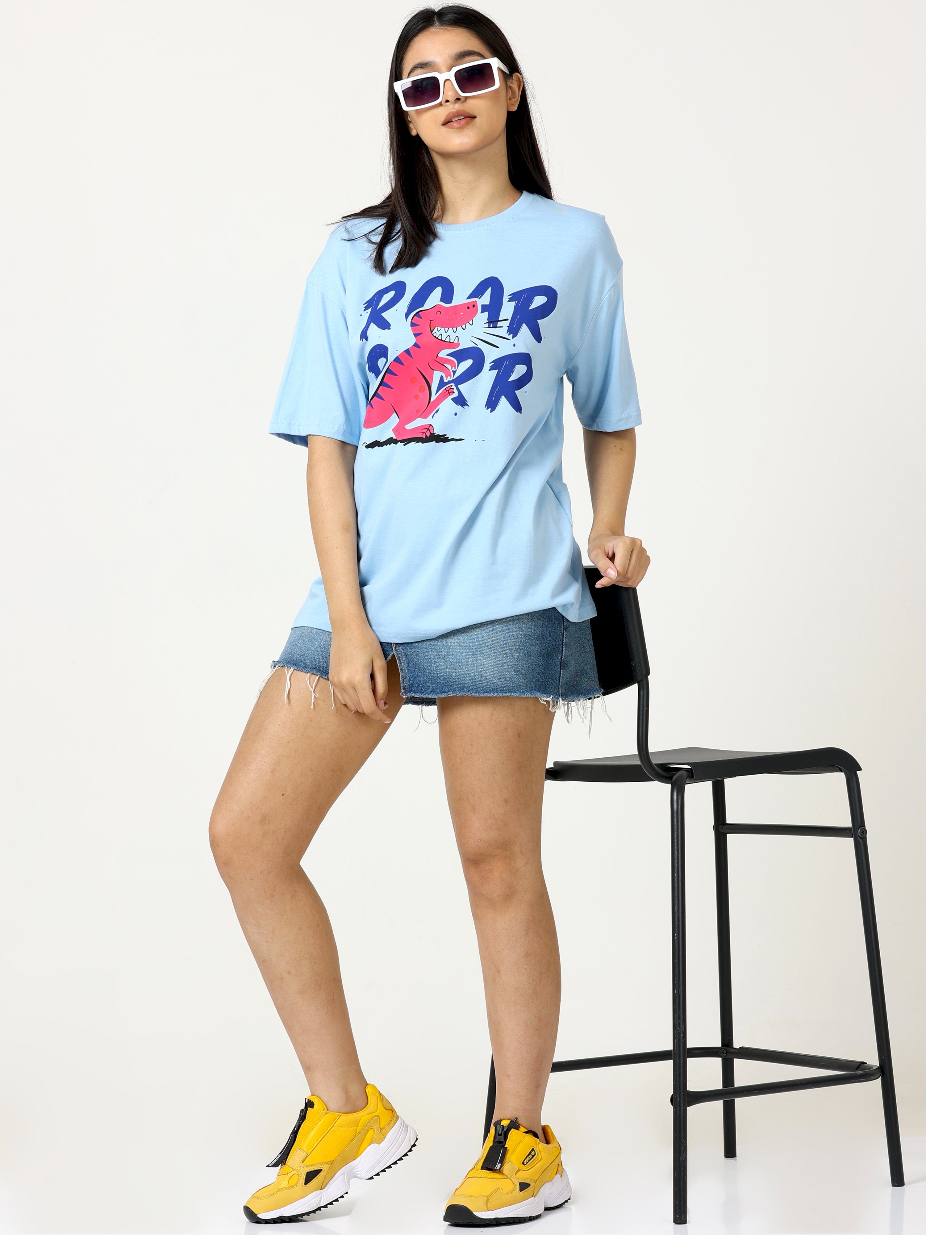 Light Blue Roar Dinosaur Printed Oversized T-shirt - UNISEX