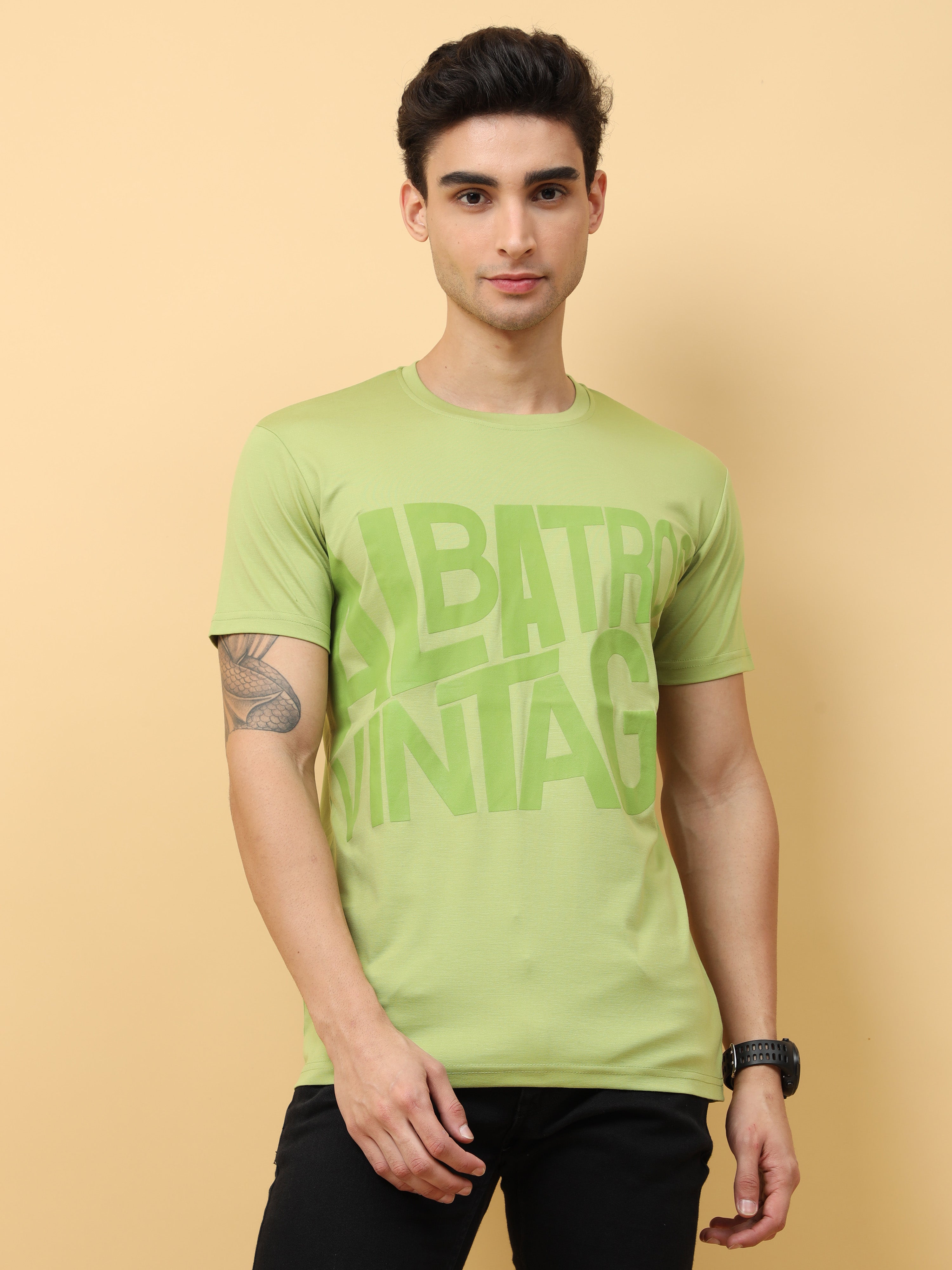 Camiseta clásica italiana con estampado de albatros verde pistacho vintage para hombre