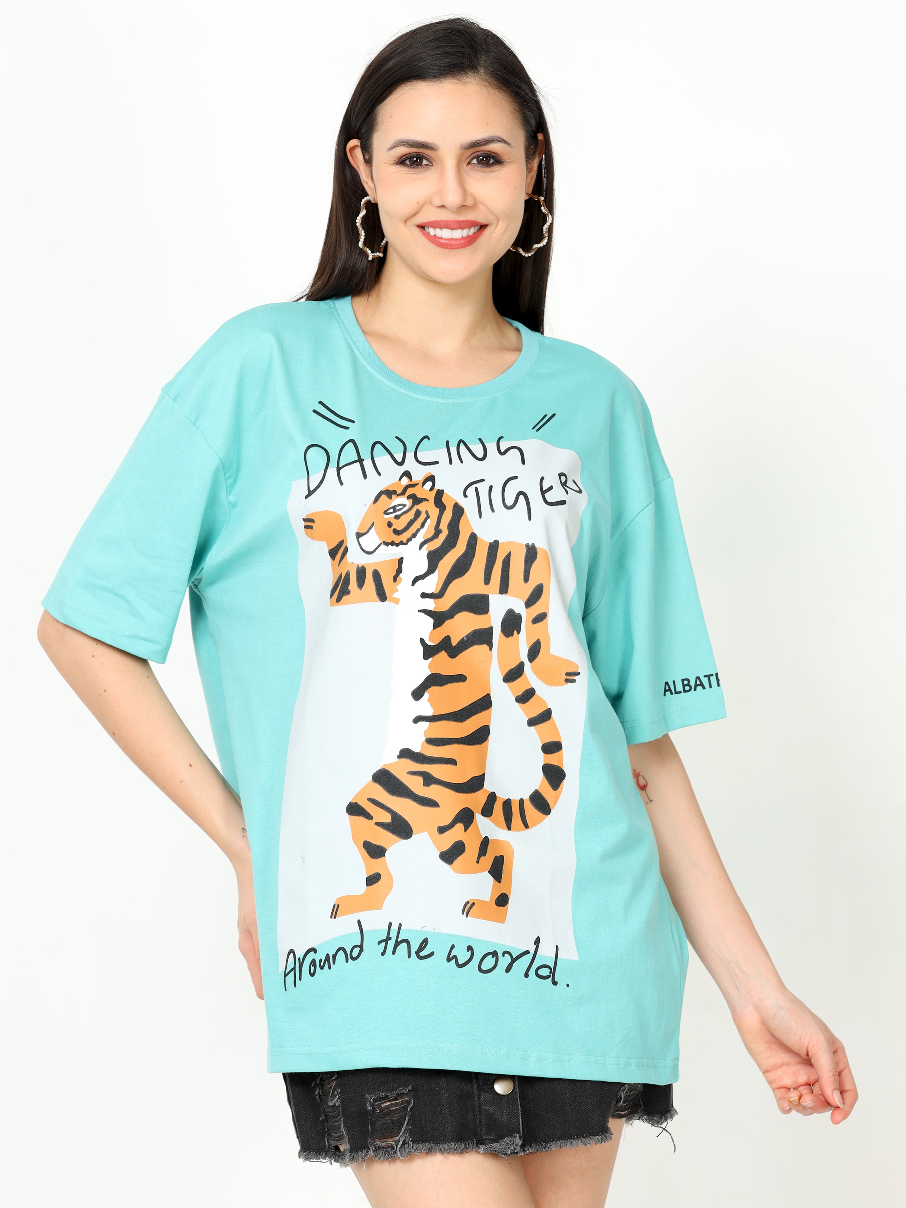 Aqua marine dancing tiger Printed Oversized T-shirt for Women