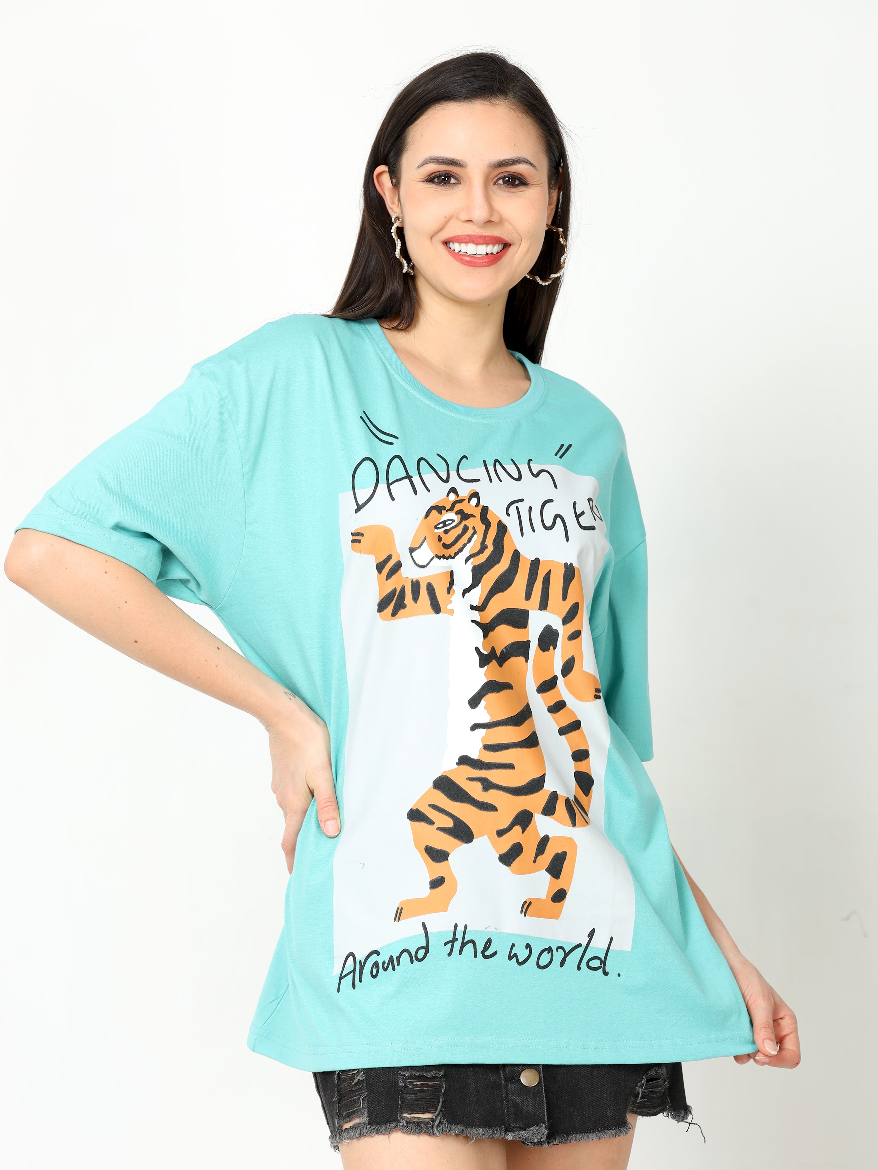 Aqua marine dancing tiger Printed Oversized T-shirt for Women