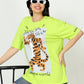 Neon Green dancing tiger Printed Oversized T-shirt for Women