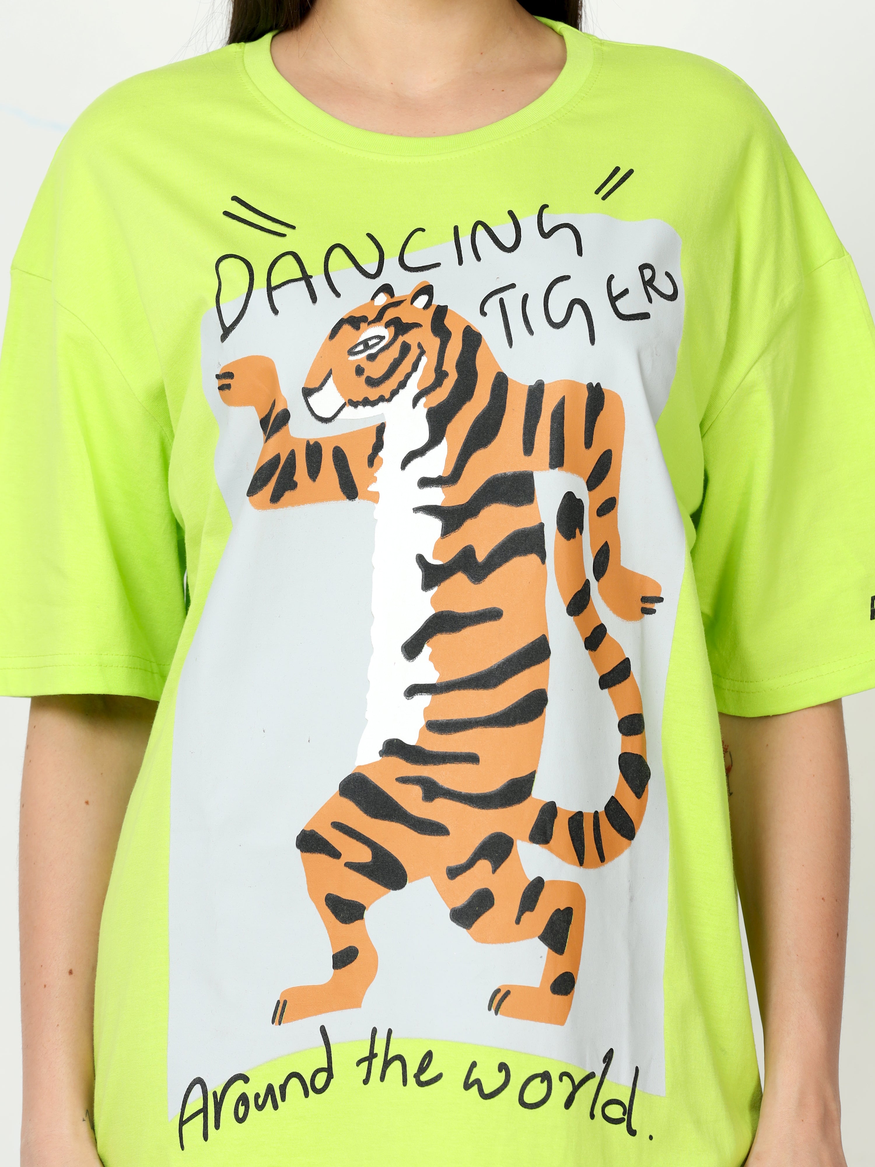 Neon Green dancing tiger Printed Oversized T-shirt for Women