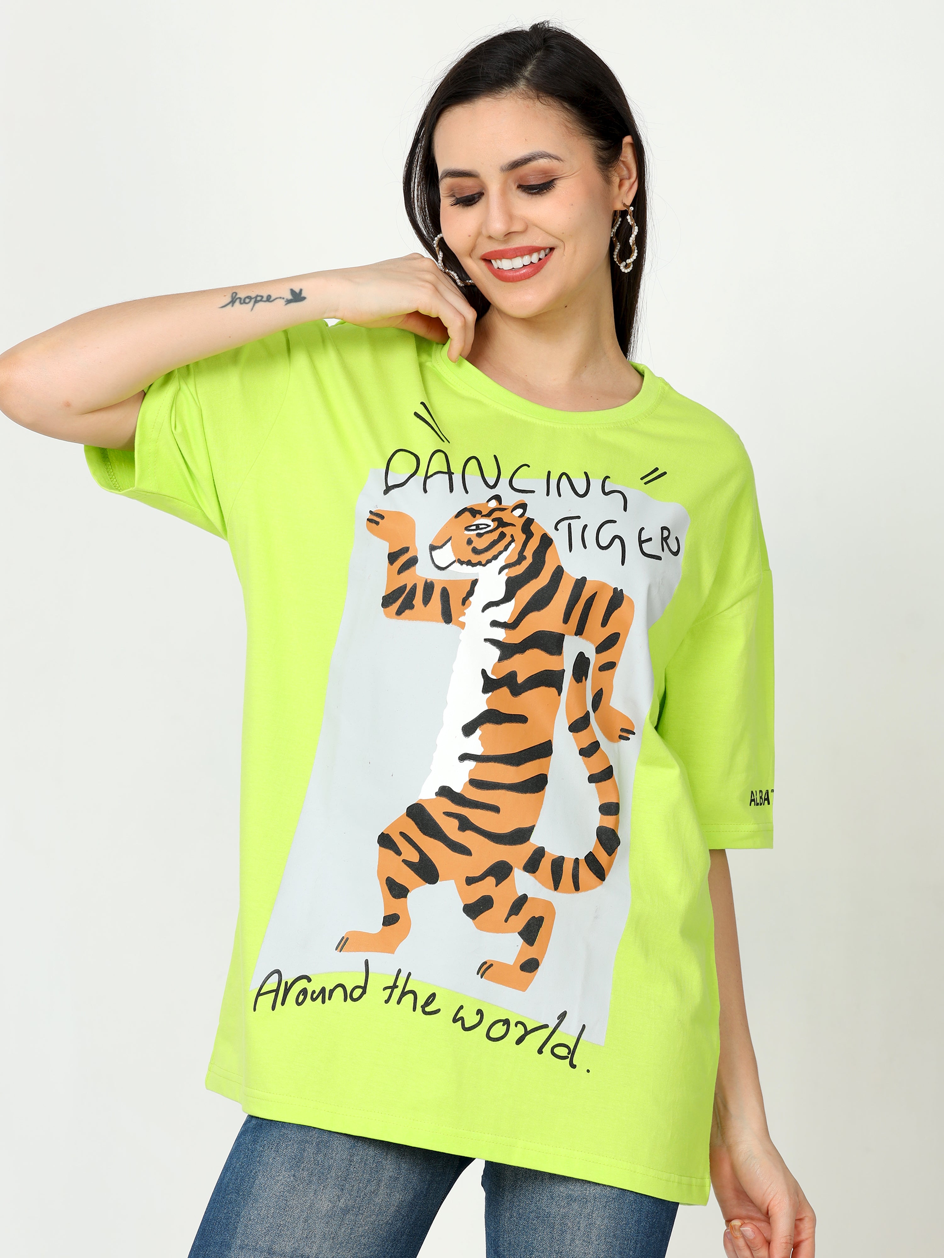 Neon Green dancing tiger Printed Oversized T-shirt for Women