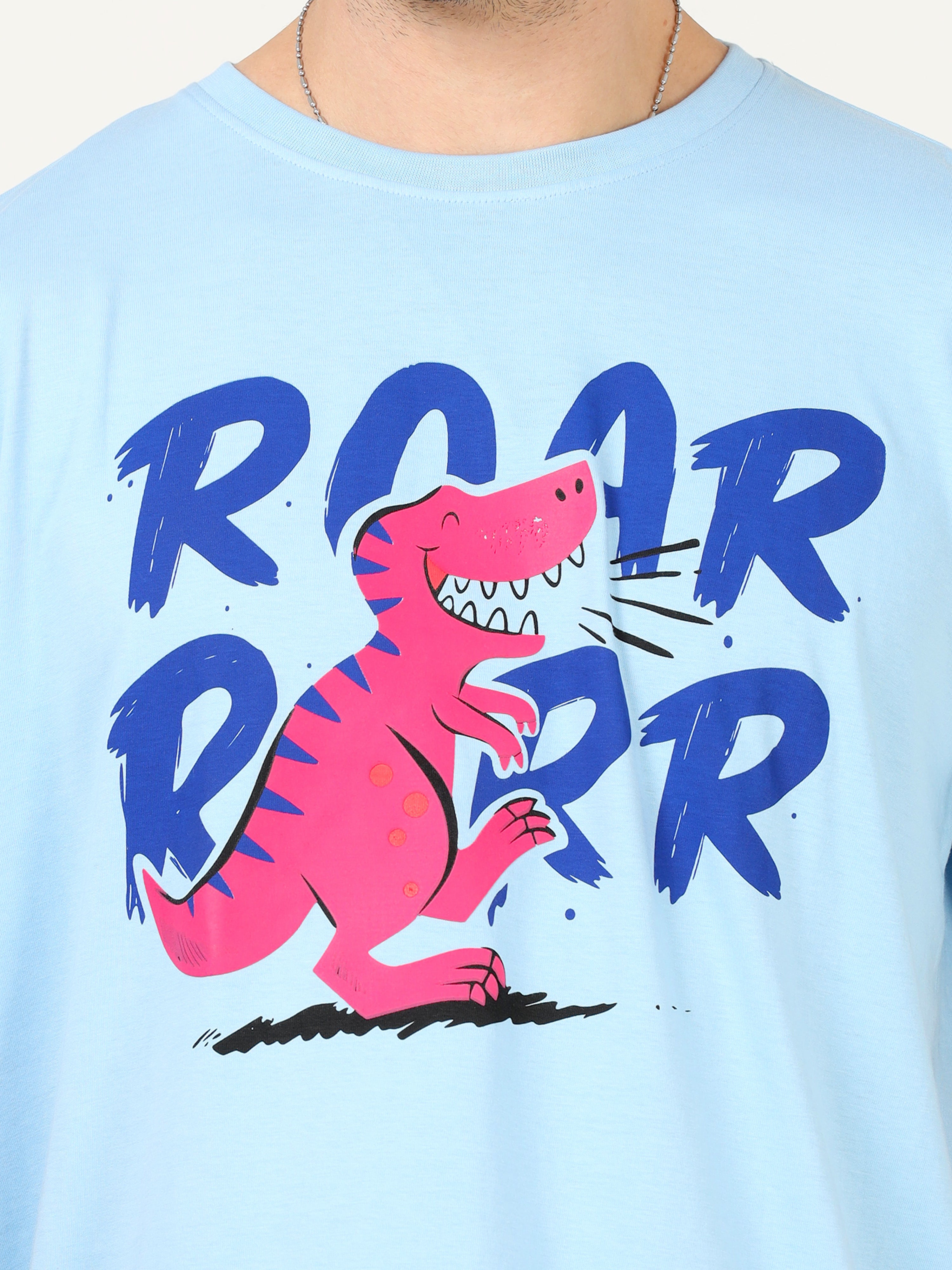 Light Blue Roar Dinosaur Printed Oversized T-shirt - UNISEX