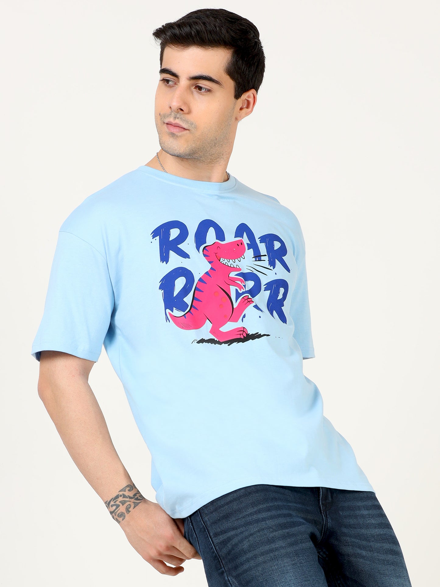 Light Blue Roar Dinosaur Printed Oversized T-shirt - UNISEX