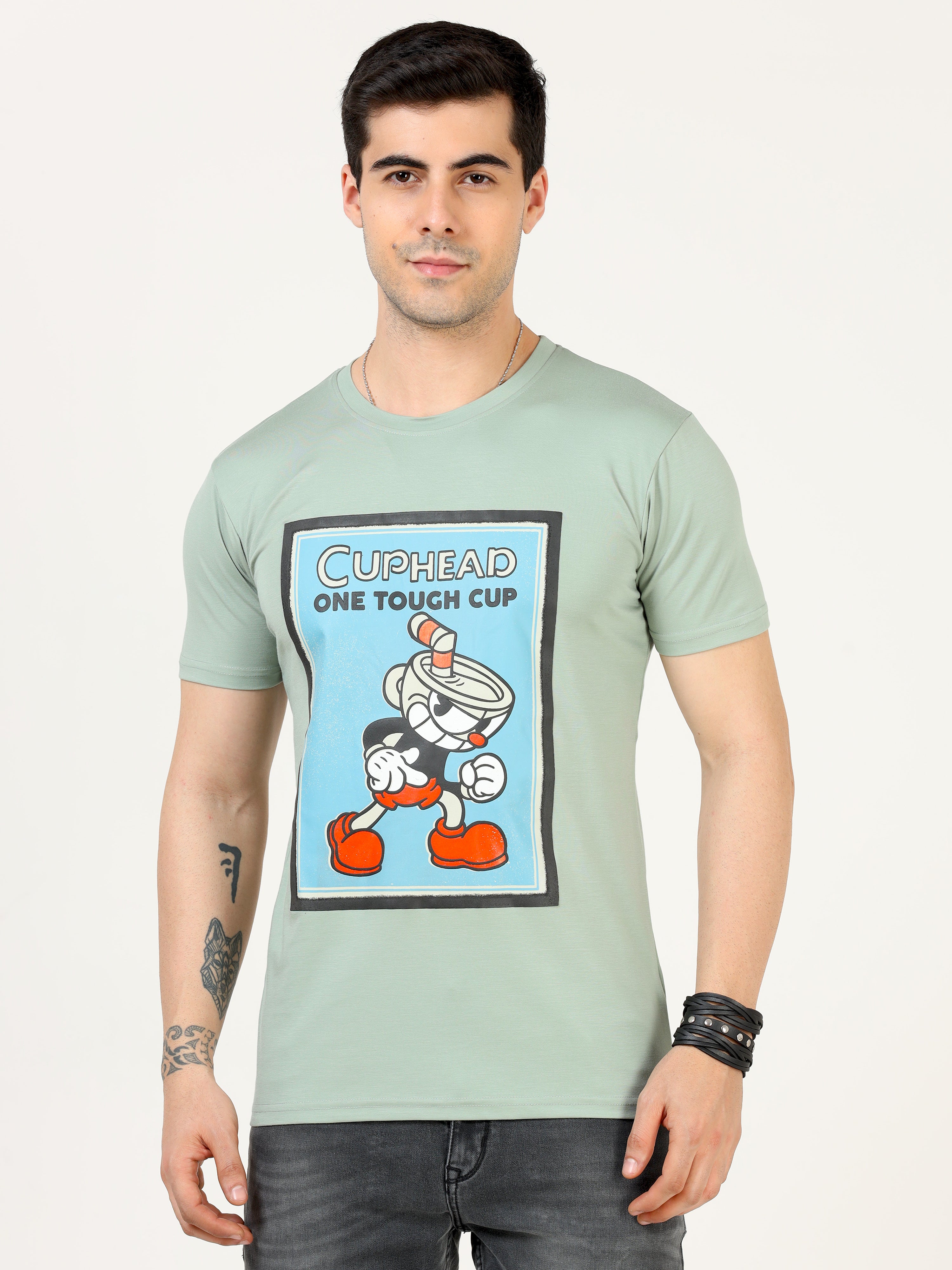 تي شيرت رجالي كلاسيكي إيطالي مطبوع عليه شعار Cuphead باللون الأخضر البحري