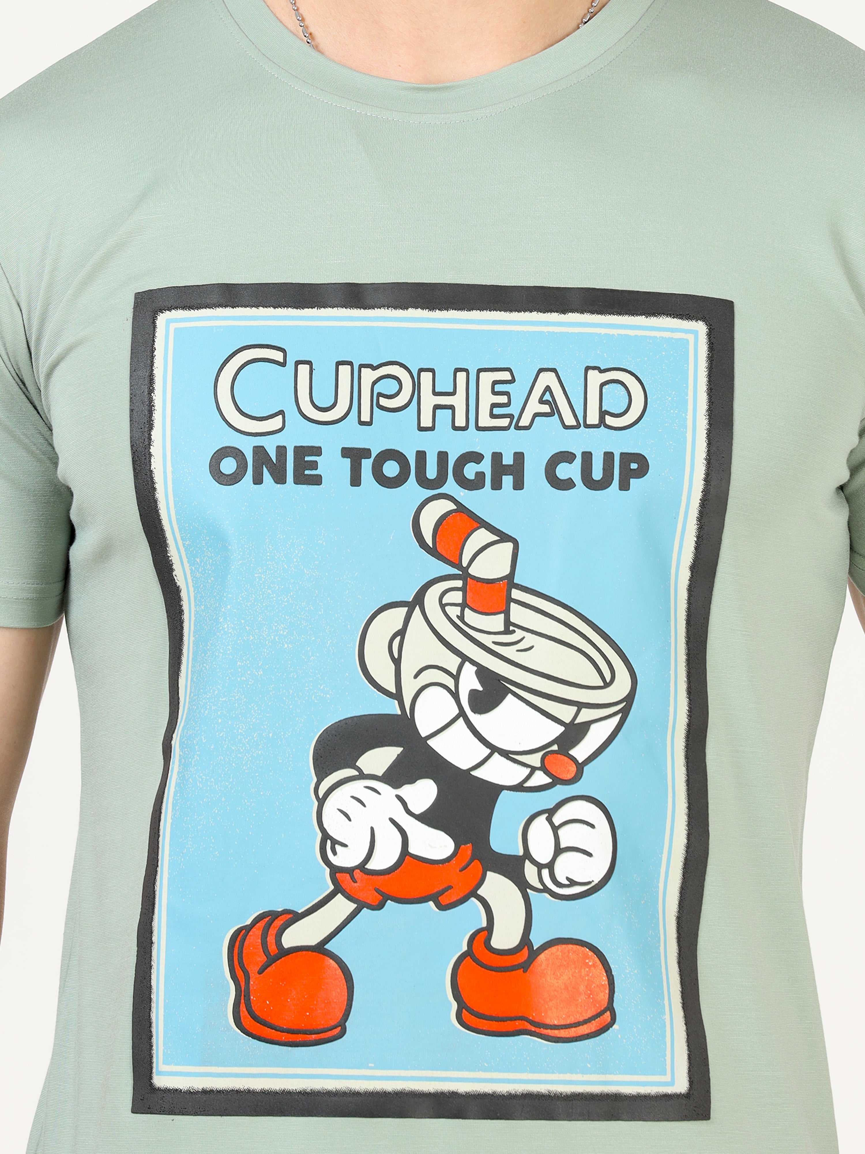 تي شيرت رجالي كلاسيكي إيطالي مطبوع عليه شعار Cuphead باللون الأخضر البحري