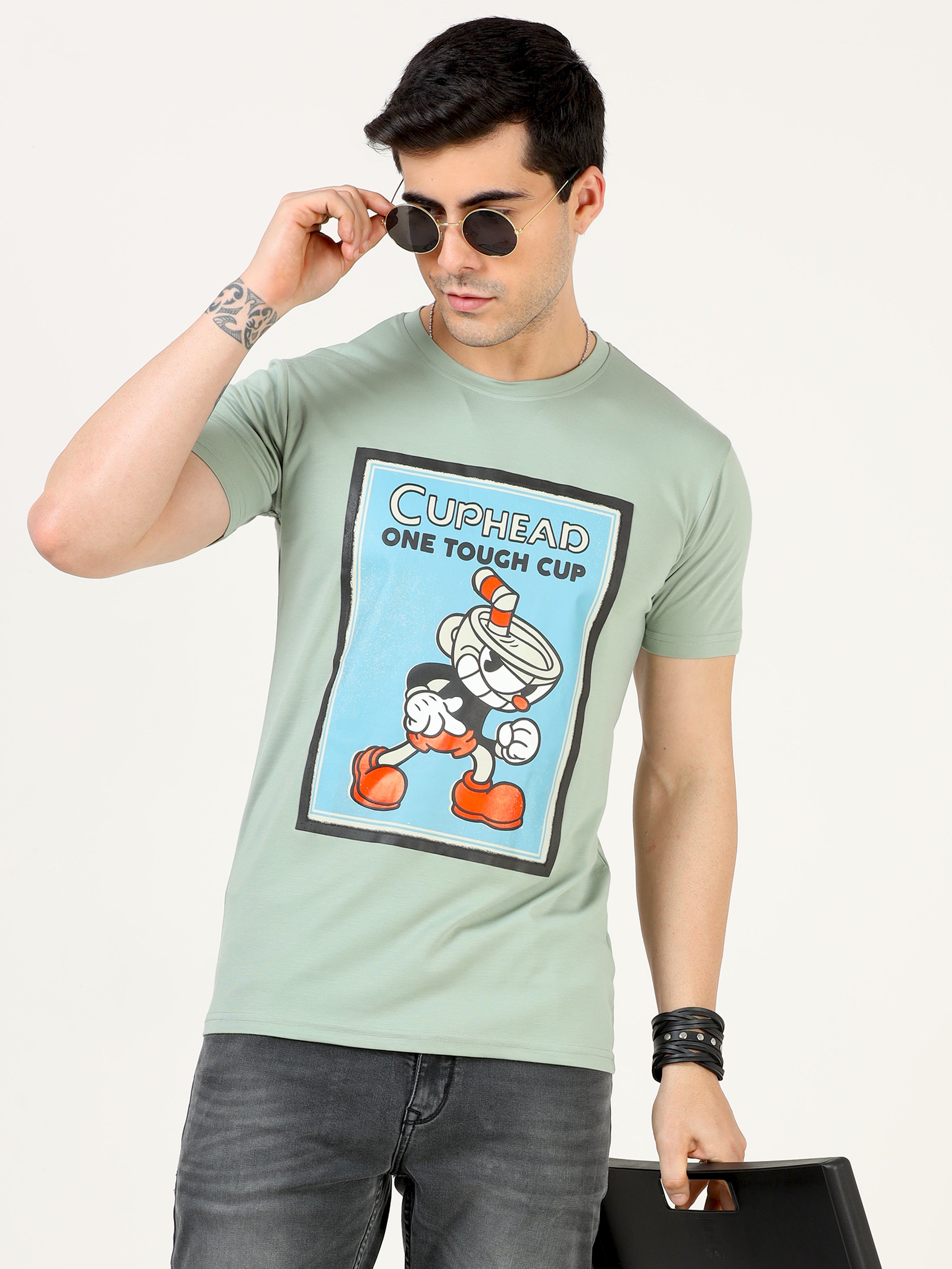 تي شيرت رجالي كلاسيكي إيطالي مطبوع عليه شعار Cuphead باللون الأخضر البحري