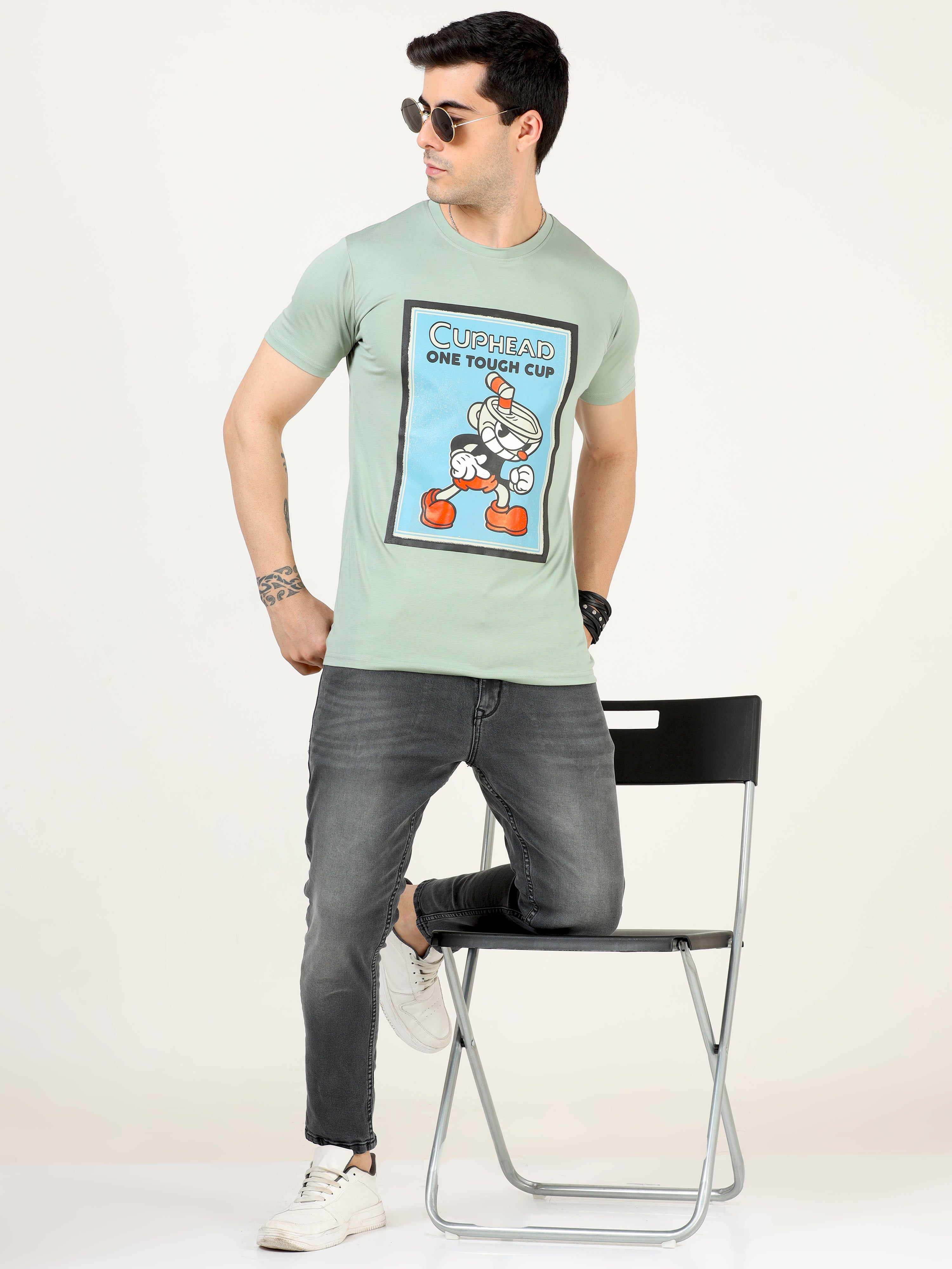 Classic Italian Sea Green Cuphead  printed T-shirt for men