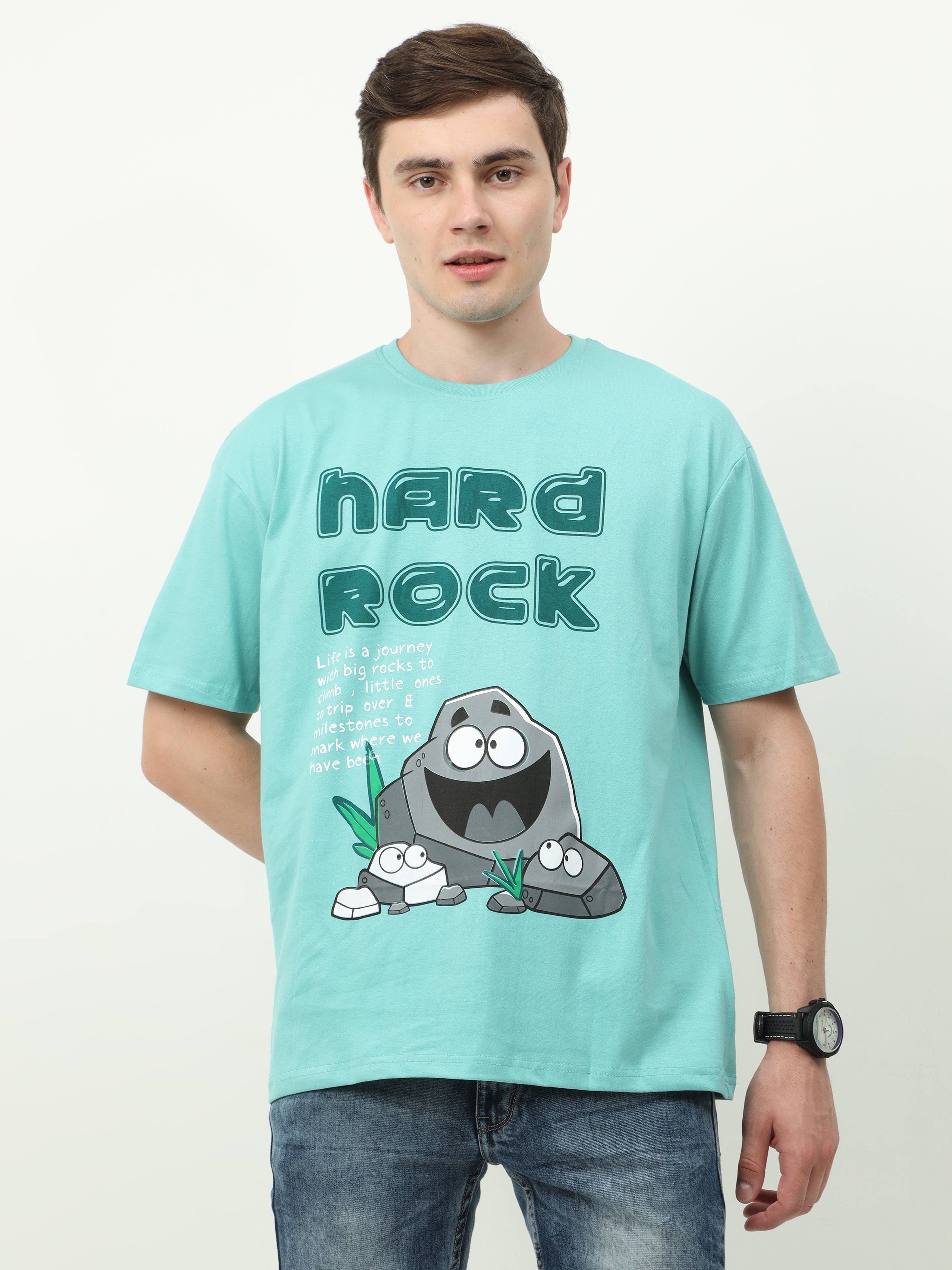 تي شيرت كبير الحجم مطبوع عليه Aqua Marine Nard Rock - للجنسين