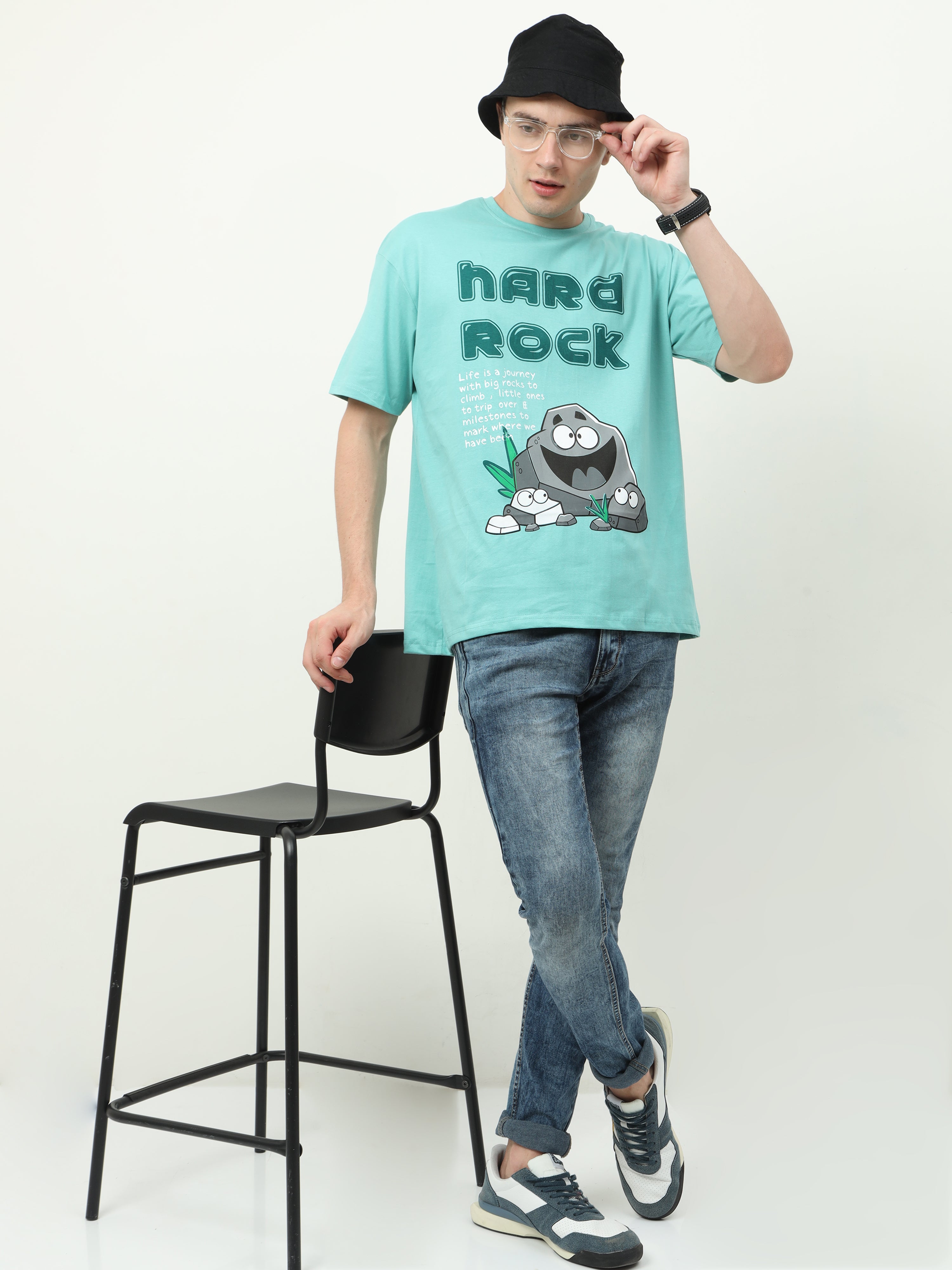 تي شيرت كبير الحجم مطبوع عليه Aqua Marine Nard Rock - للجنسين