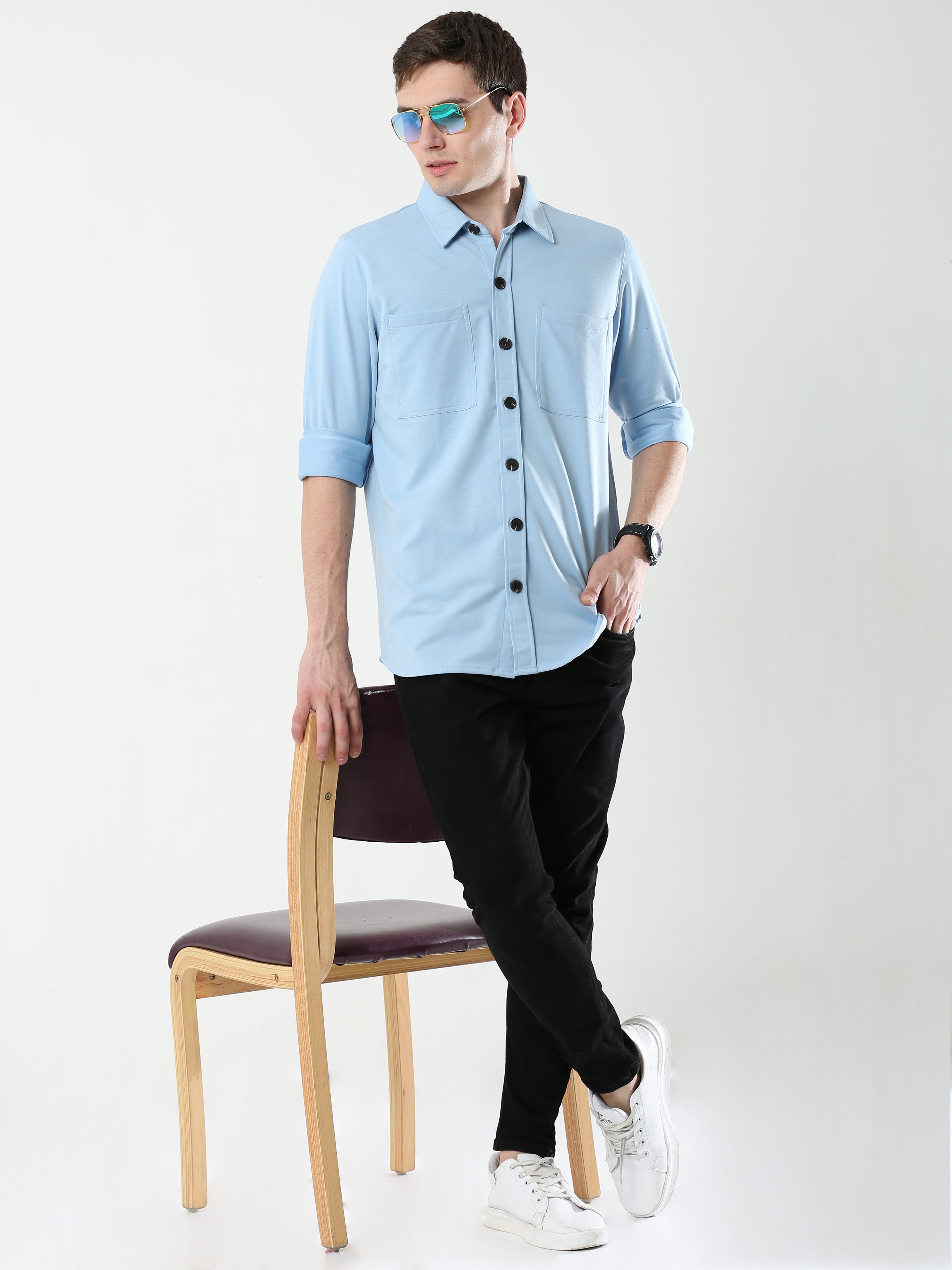 Sky Blue Double Pocket Royal Knit overshirt - UNISEX