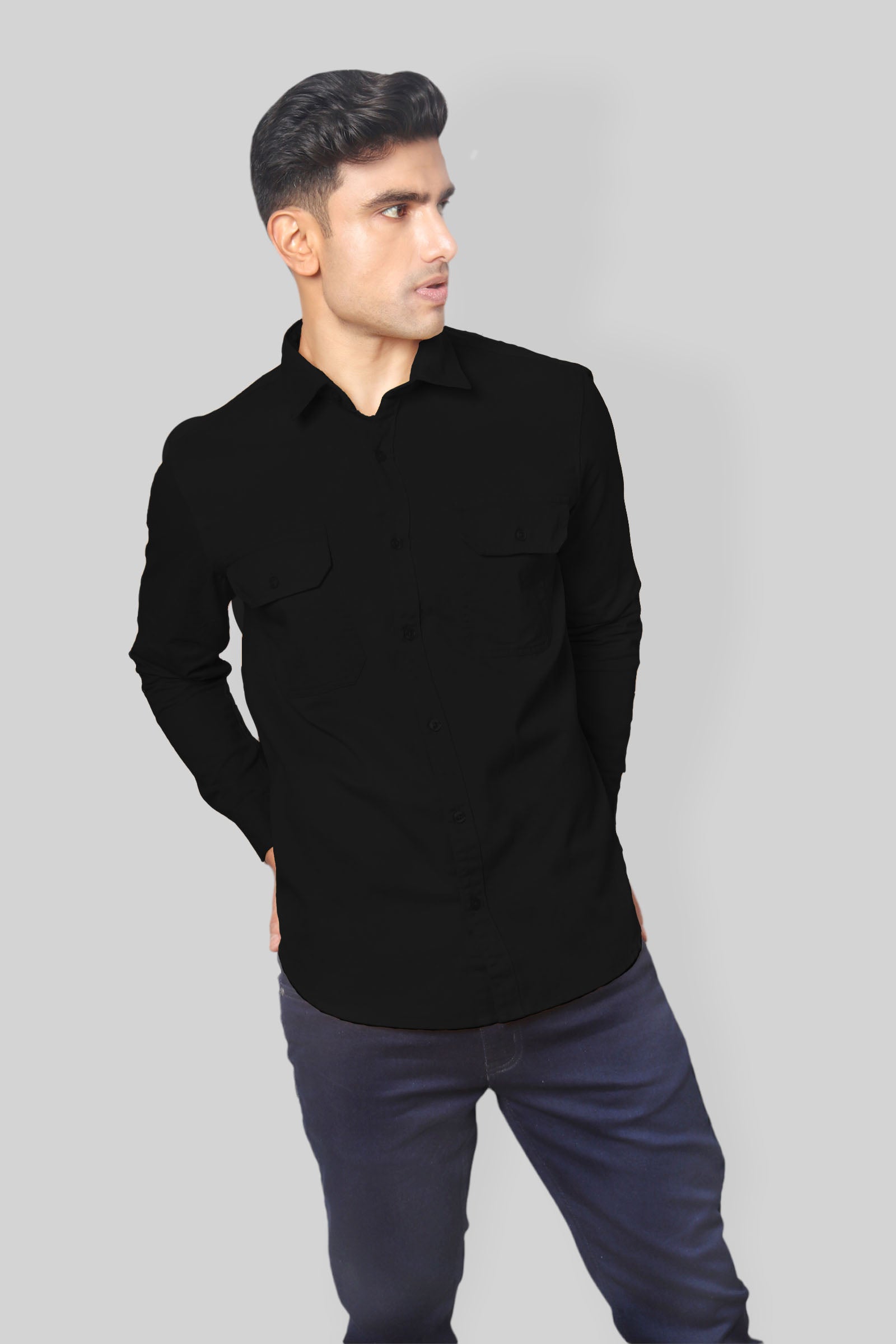 Black double pocket denim shirt for men’s