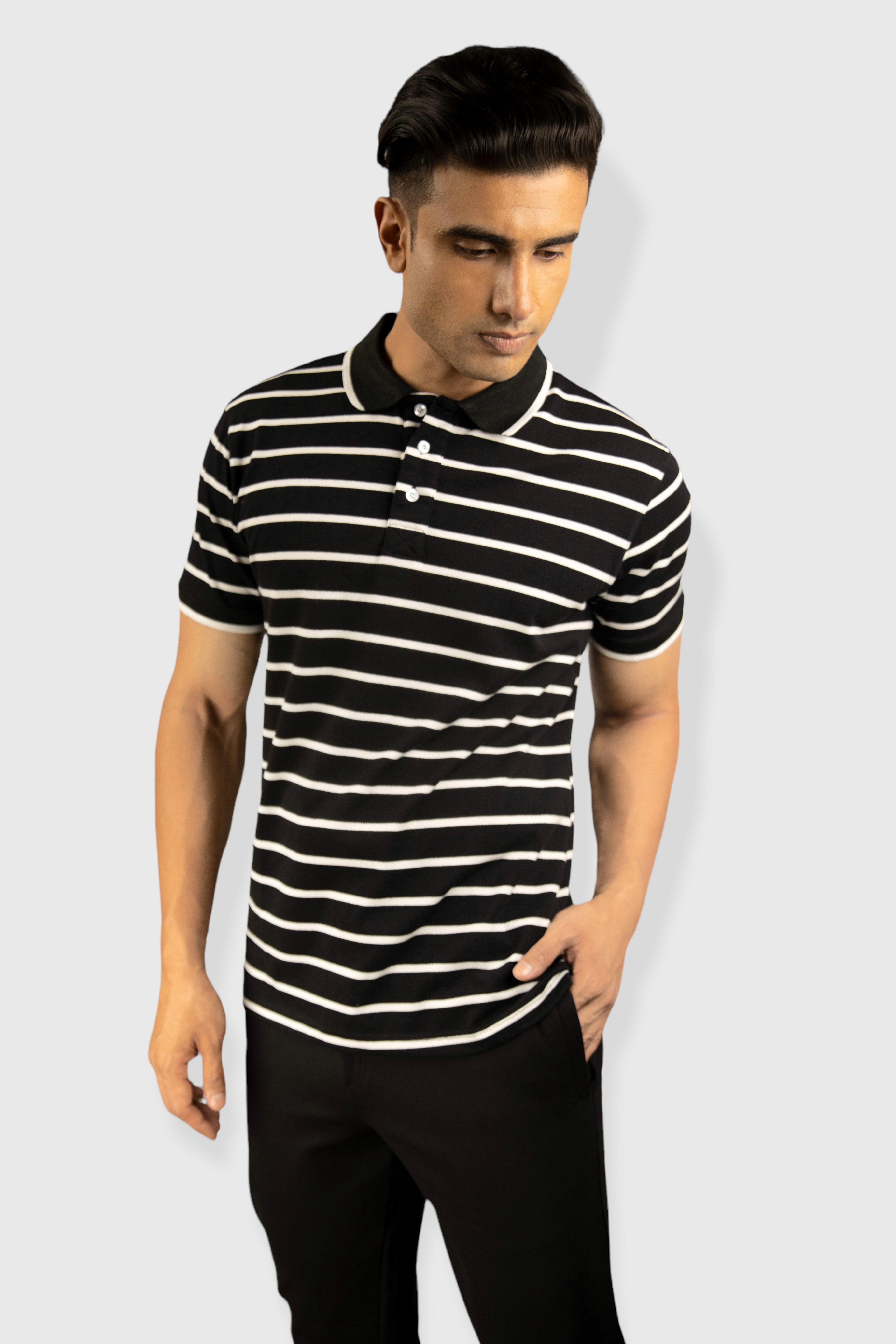 Albatross men’s Black stripe cotton Matty collar tshirt