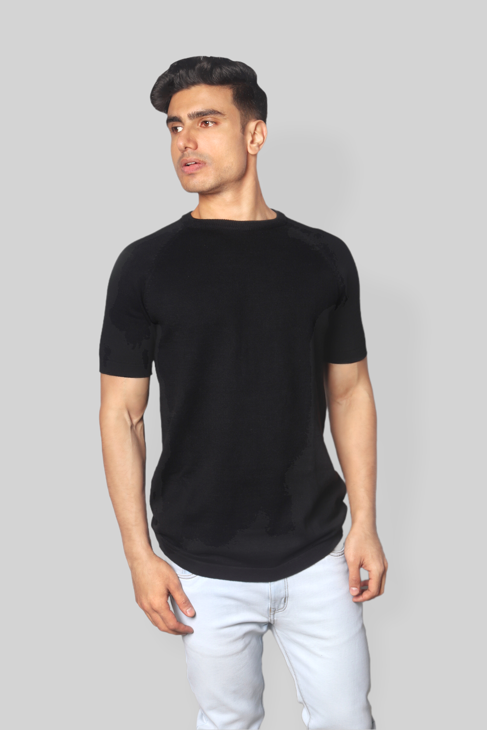 Black Half Sleeve Flat Knit Rough neck T-Shirt