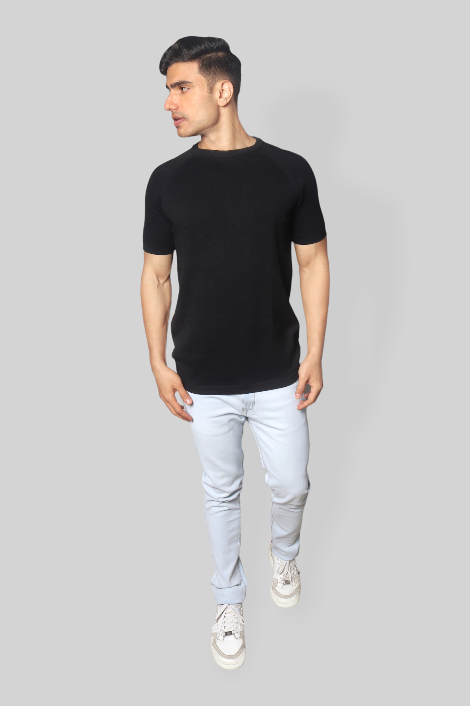 Black Half Sleeve Flat Knit Rough neck T-Shirt