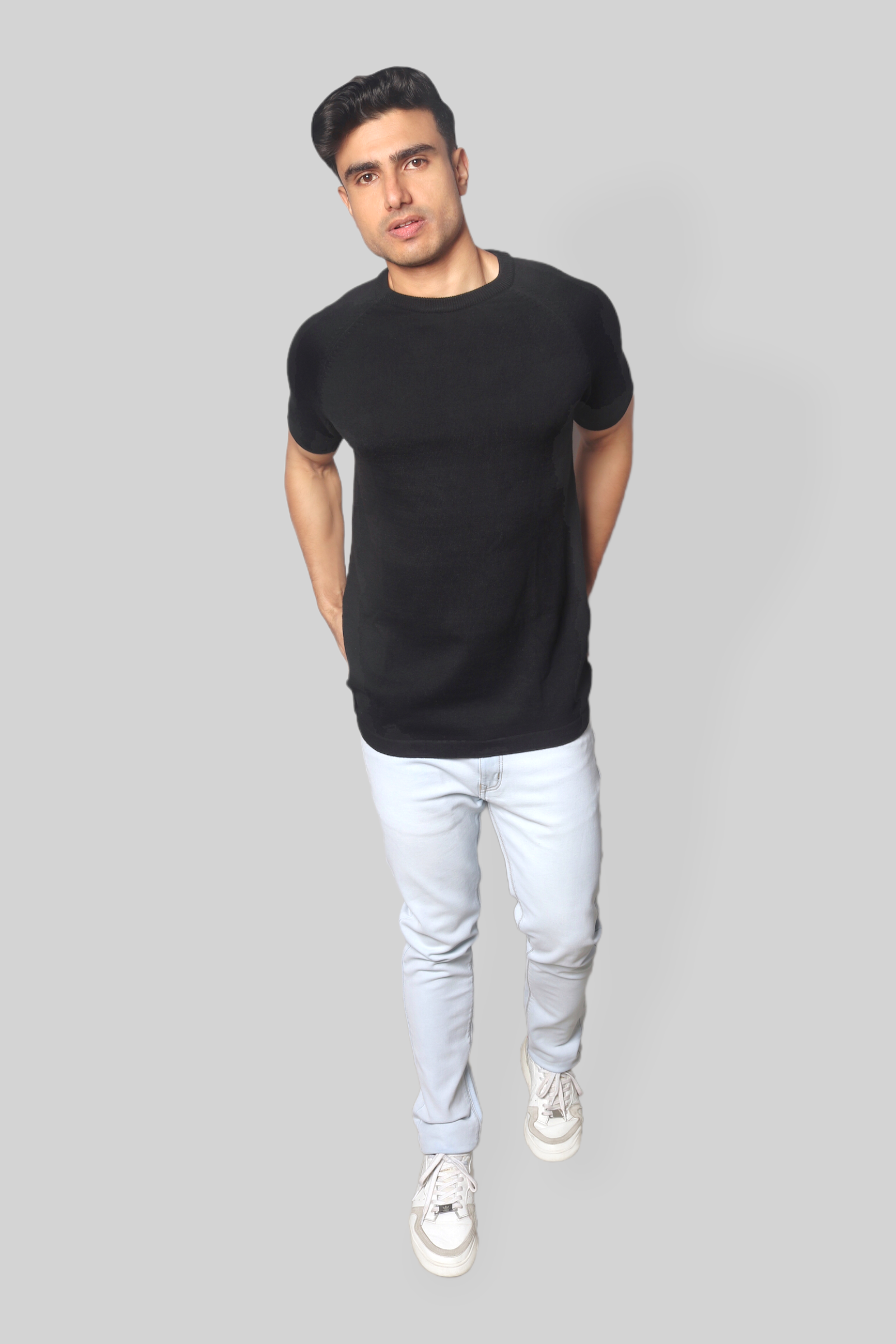 Black Half Sleeve Flat Knit Rough neck T-Shirt