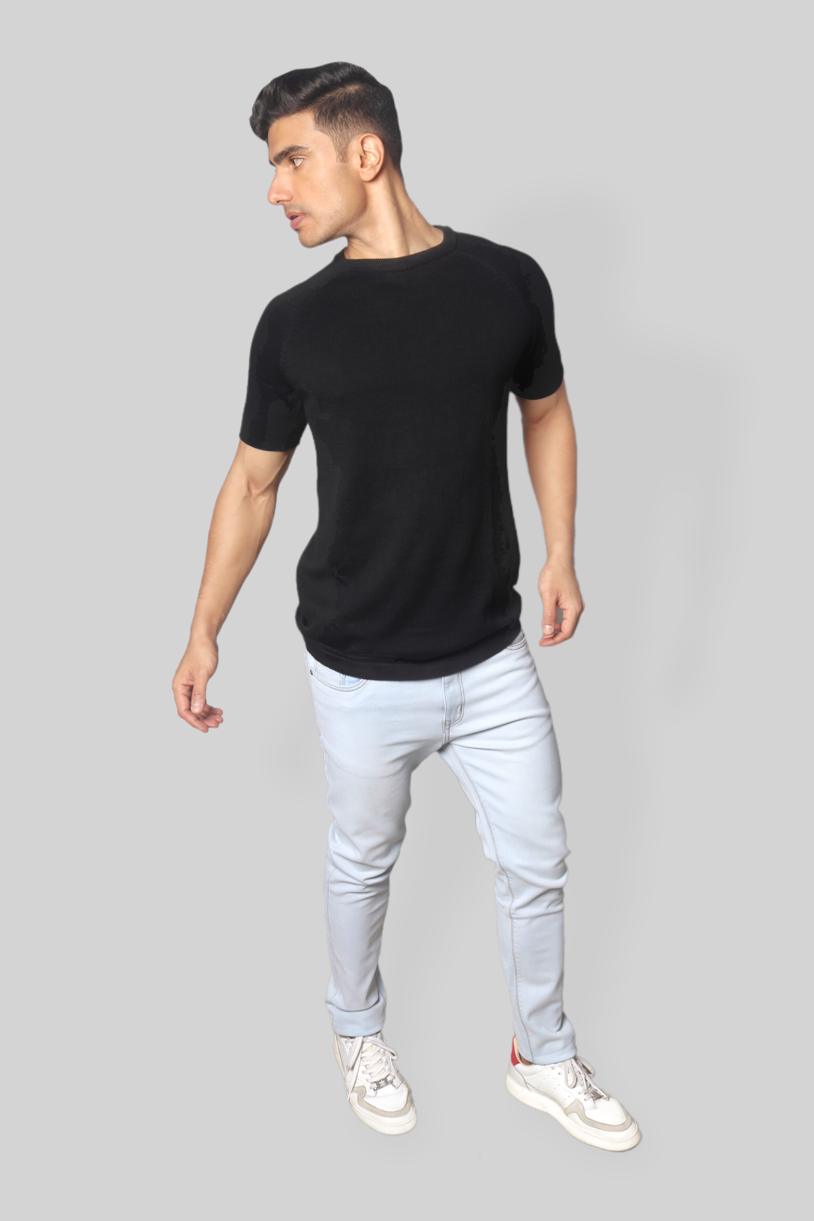 Black Half Sleeve Flat Knit Rough neck T-Shirt