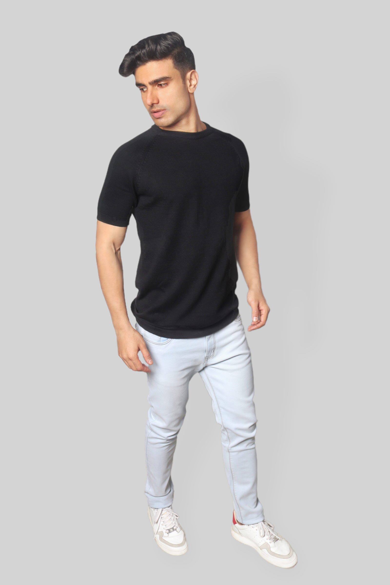 Black Half Sleeve Flat Knit Rough neck T-Shirt