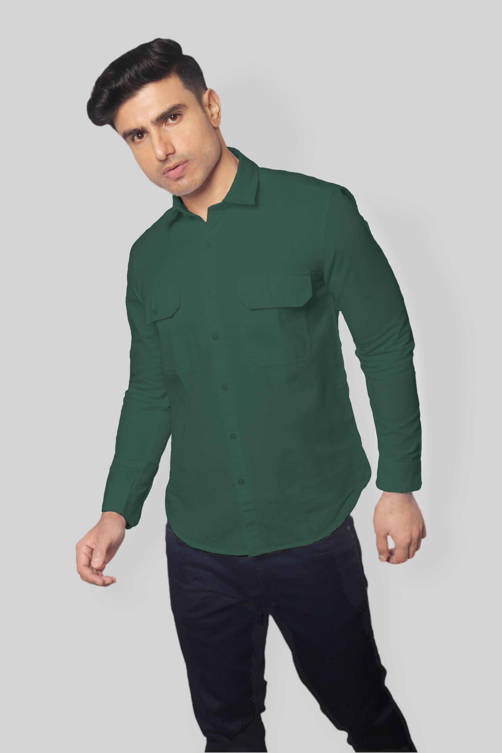 Dark Green Double Pocket denim shirt for mens