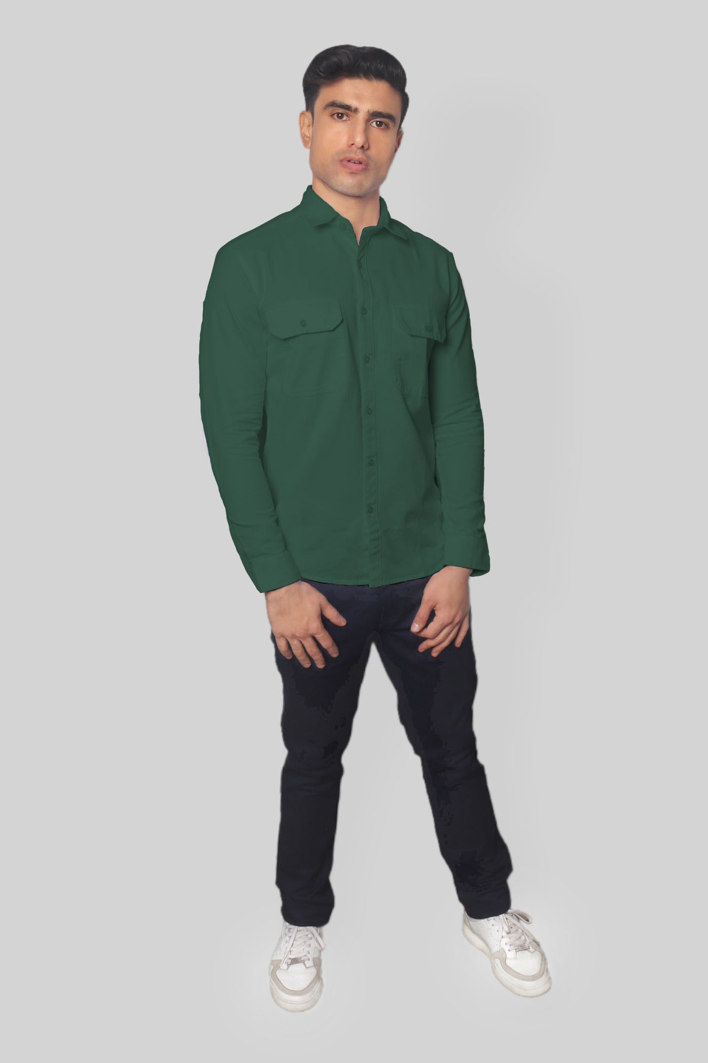 Dark Green Double Pocket denim shirt for mens