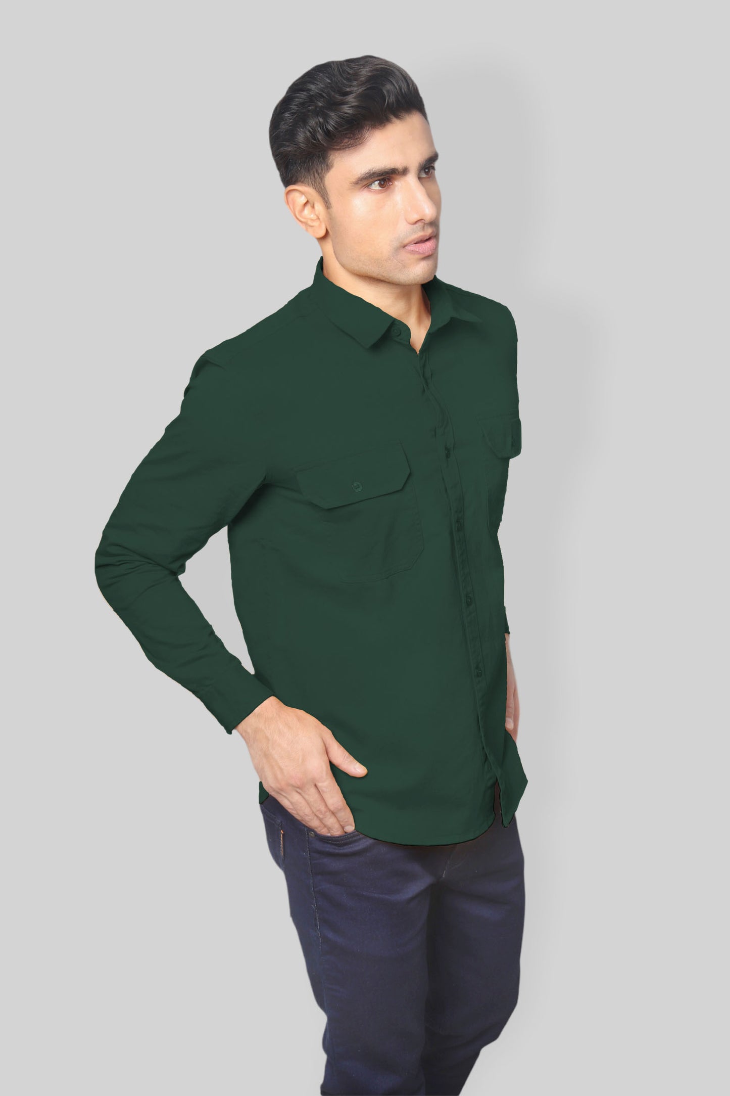 Dark Green Double Pocket denim shirt for mens