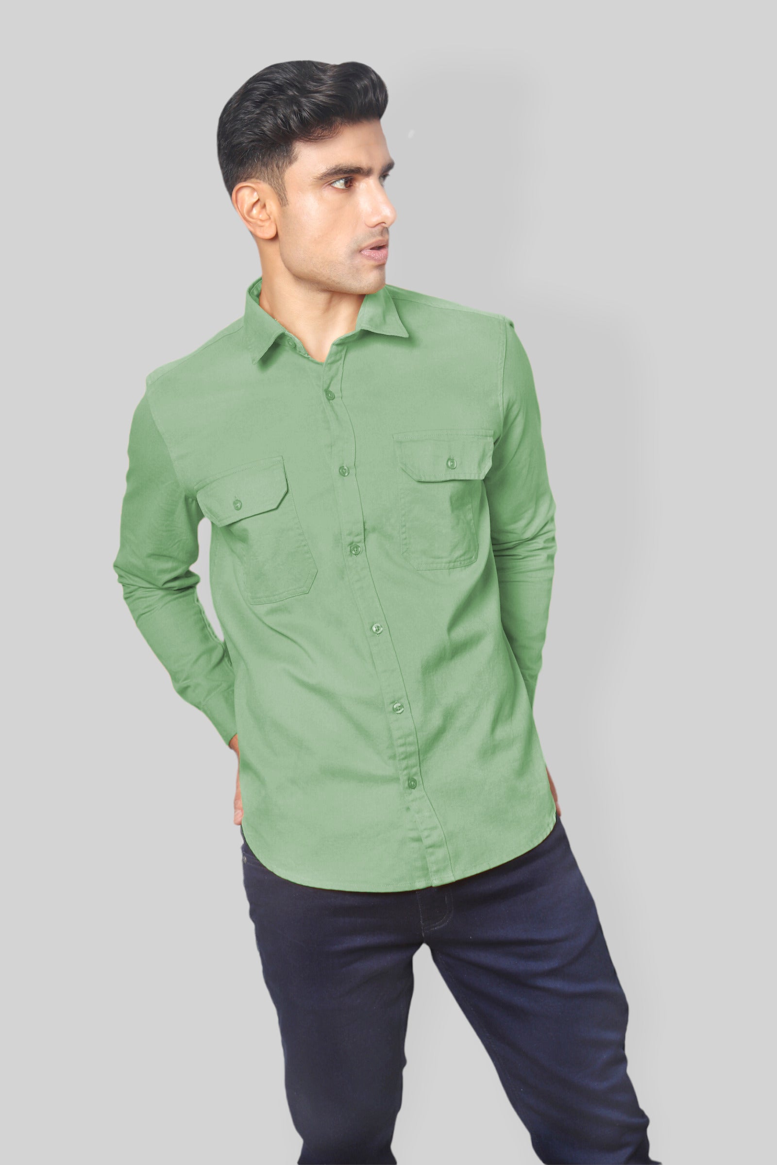 Pista Green Double Pocket denim shirt for mens