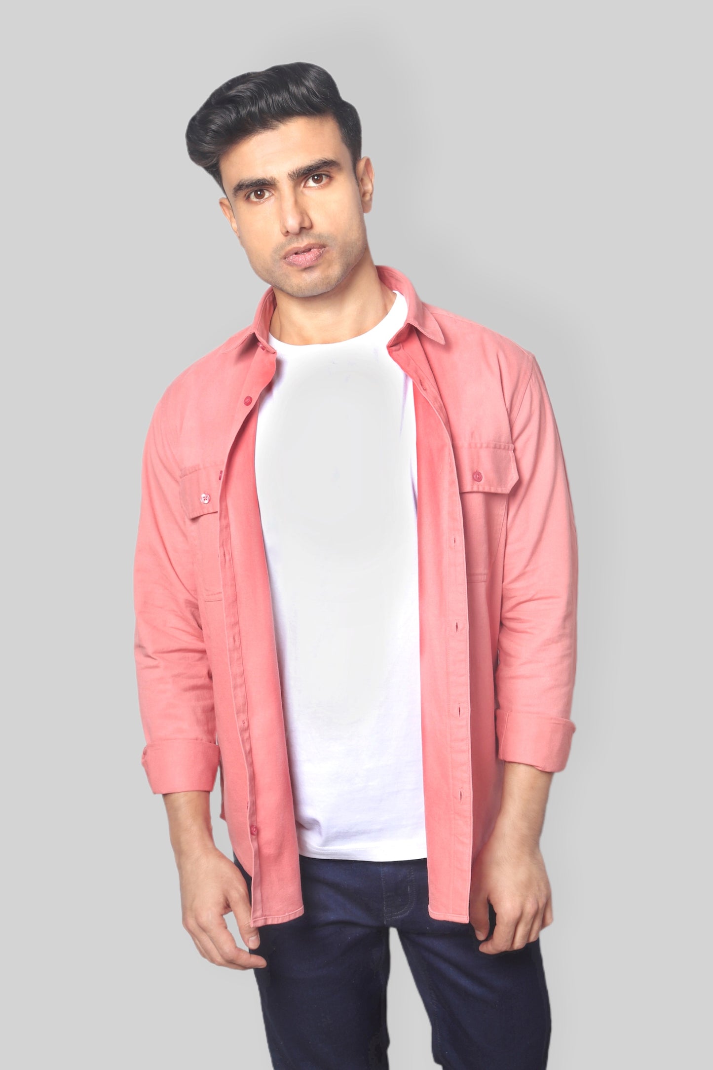 Plain Pink Double Pocket denim shirt for mens
