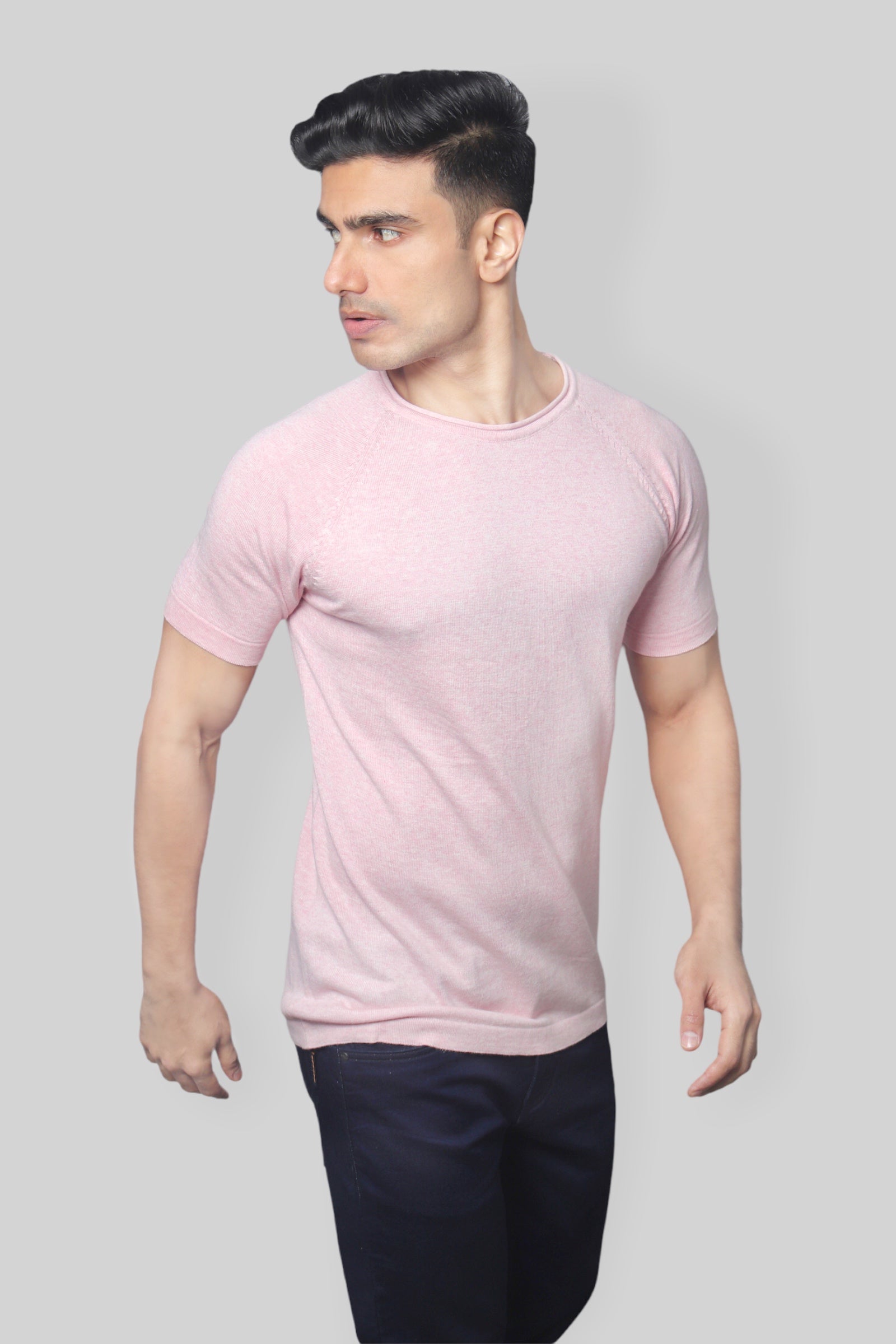 Light Pink Half Sleeve Rough neck Flat Knit T-Shirt