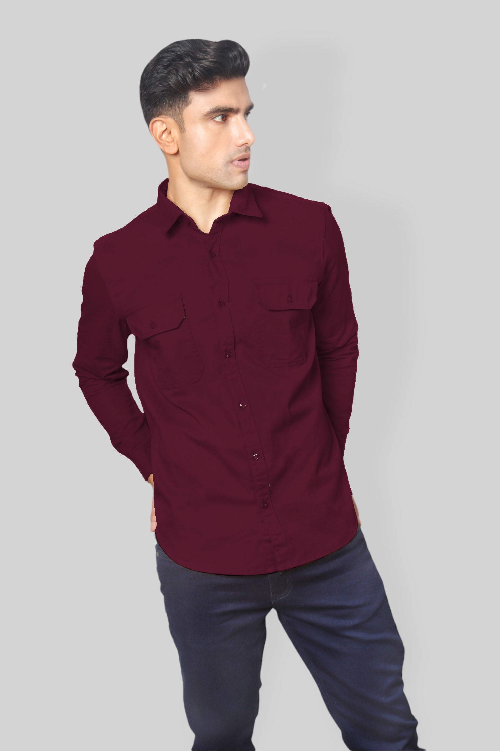 Maroon Double Pocket denim shirt for mens