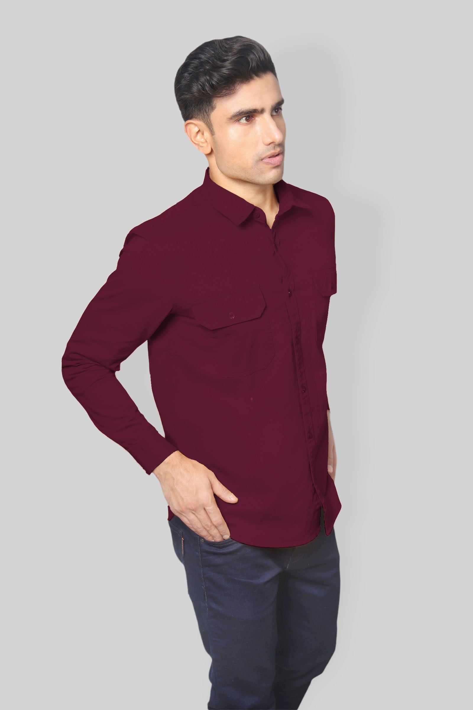 Maroon Double Pocket denim shirt for mens