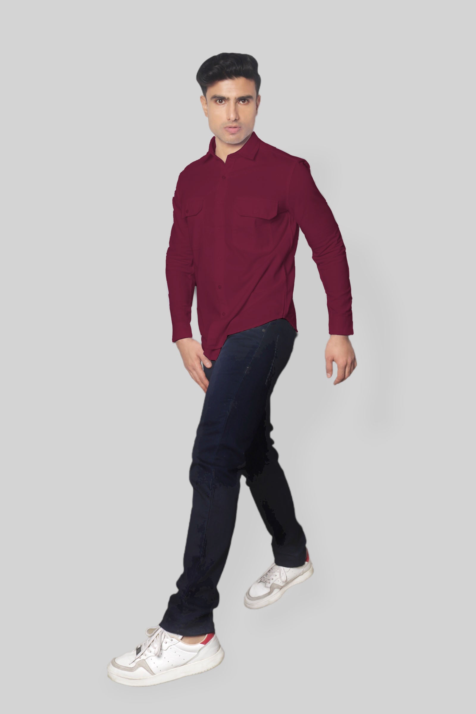 Maroon Double Pocket denim shirt for mens