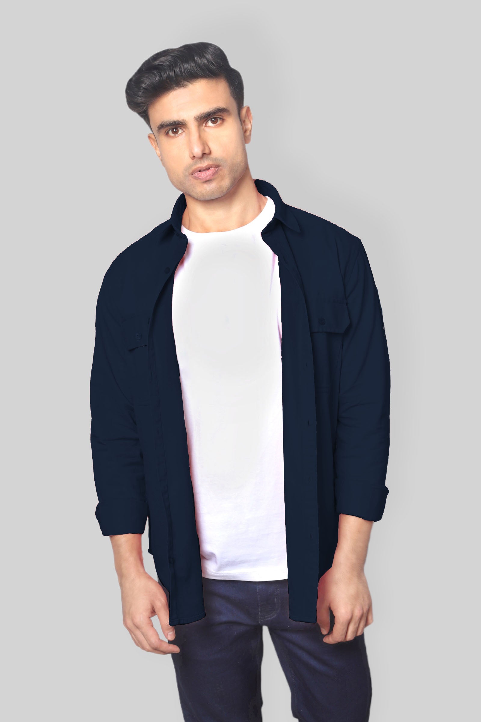 Navy Blue Double Pocket denim shirt for mens