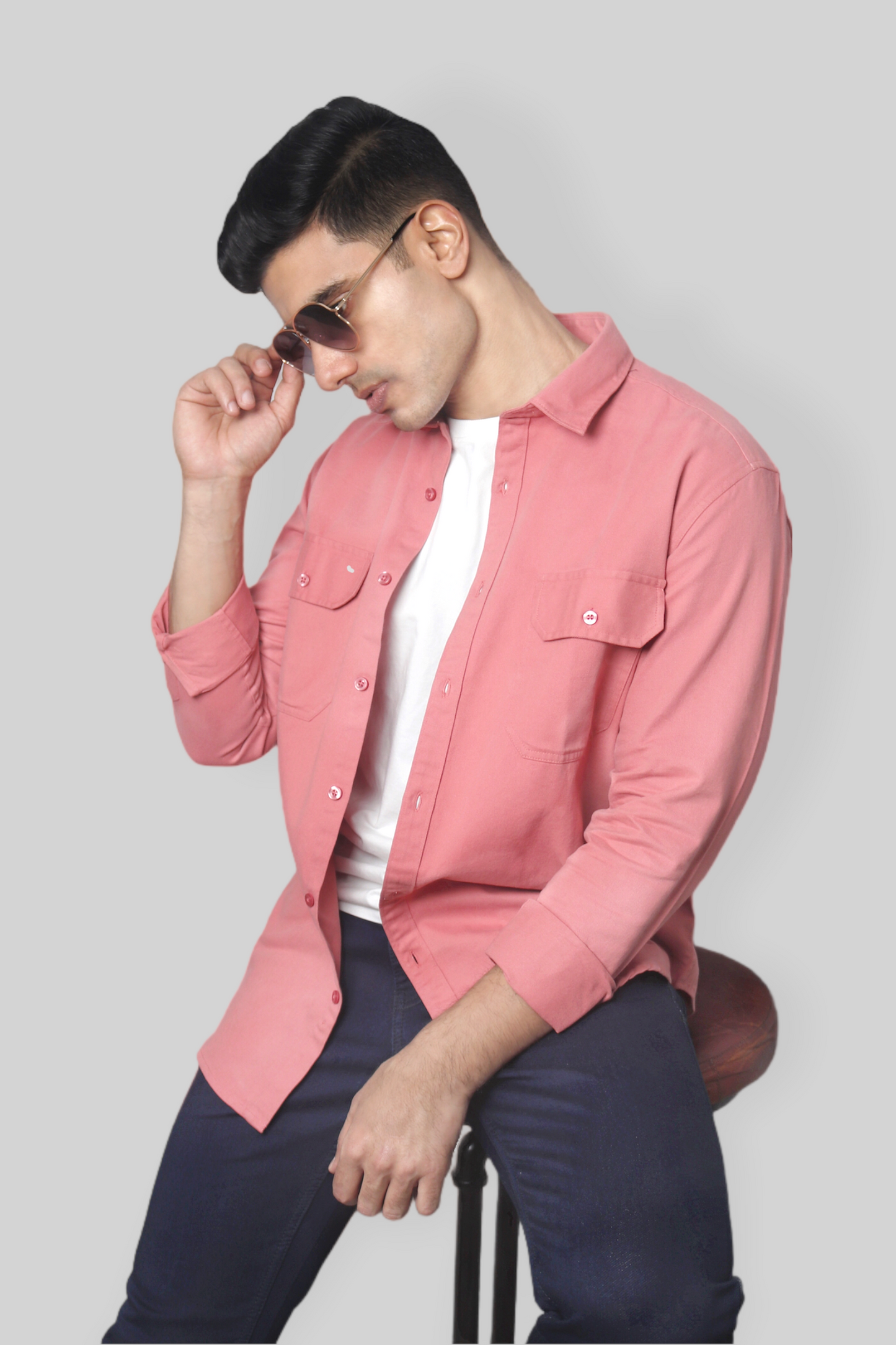 Plain Pink Double Pocket denim shirt for mens