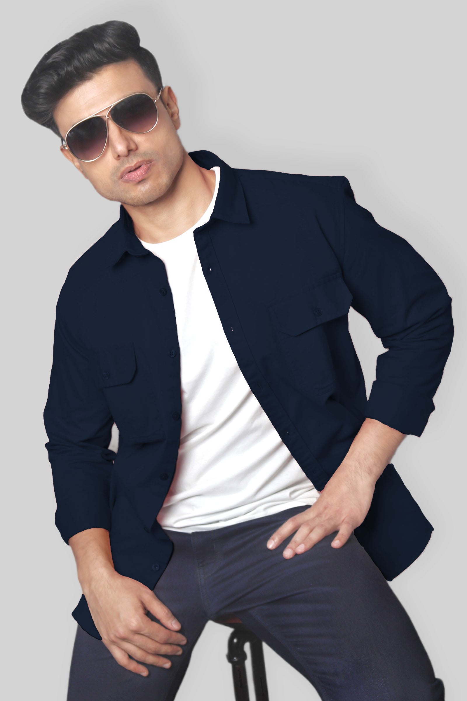 Navy Blue Double Pocket denim shirt for mens