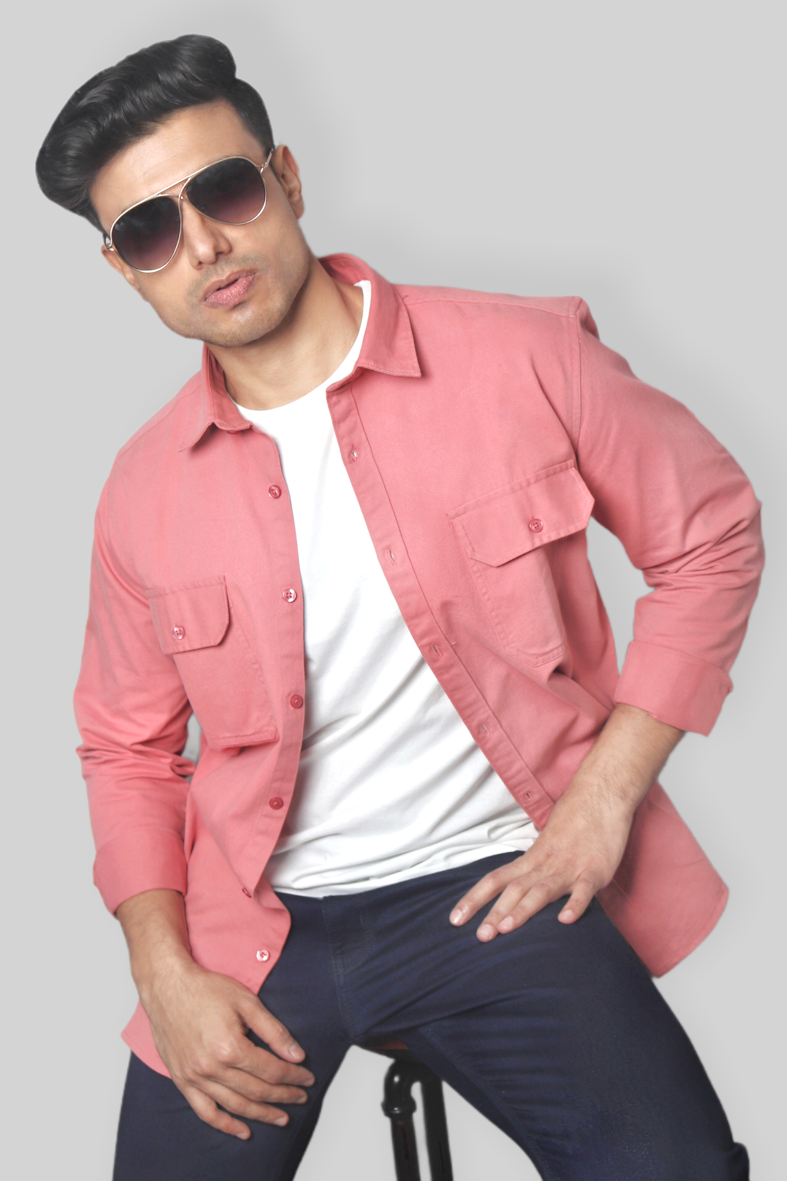 Plain Pink Double Pocket denim shirt for mens