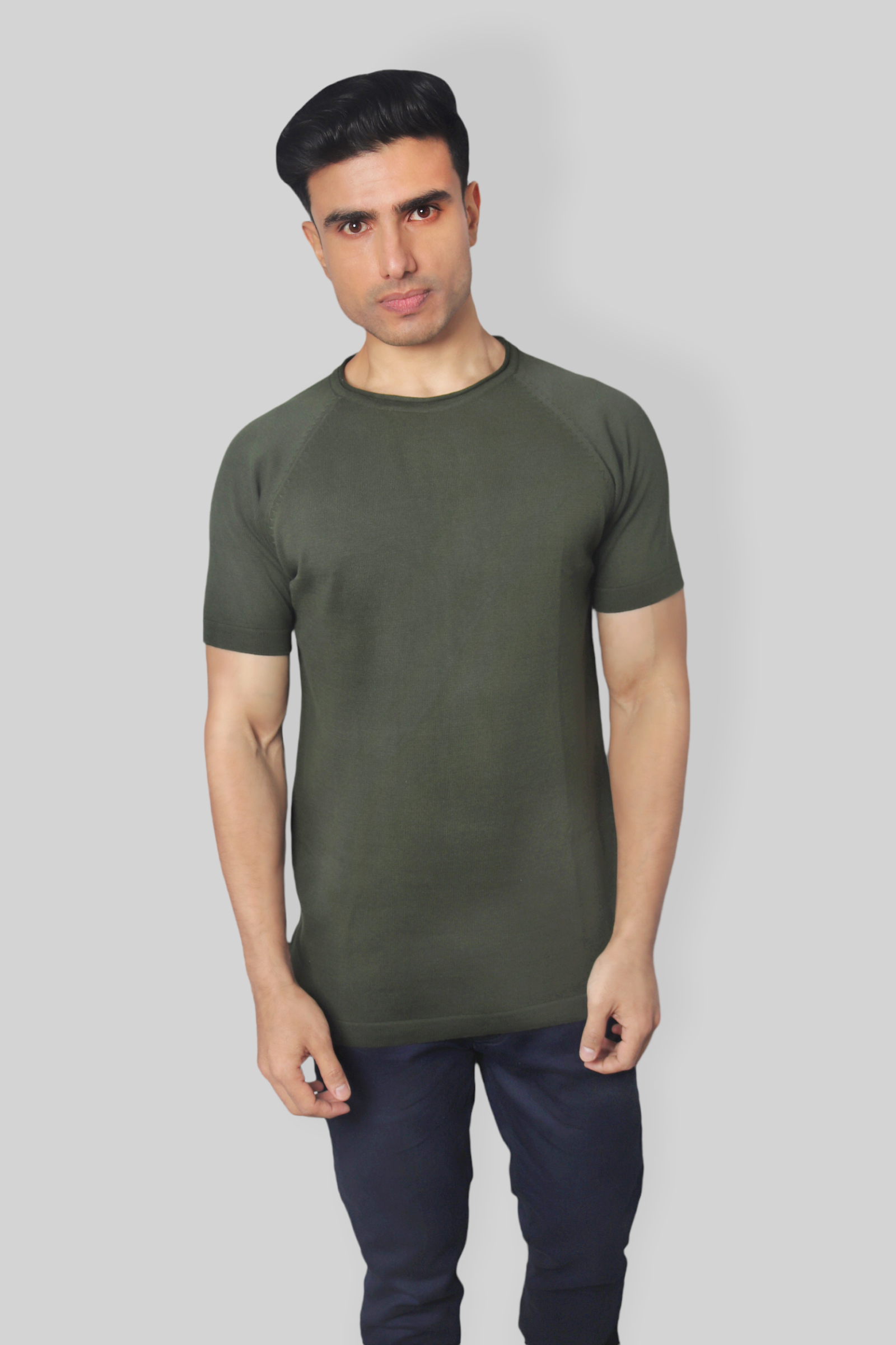 Dark Green Half Sleeve Rough neck Flat Knit T-Shirt for men