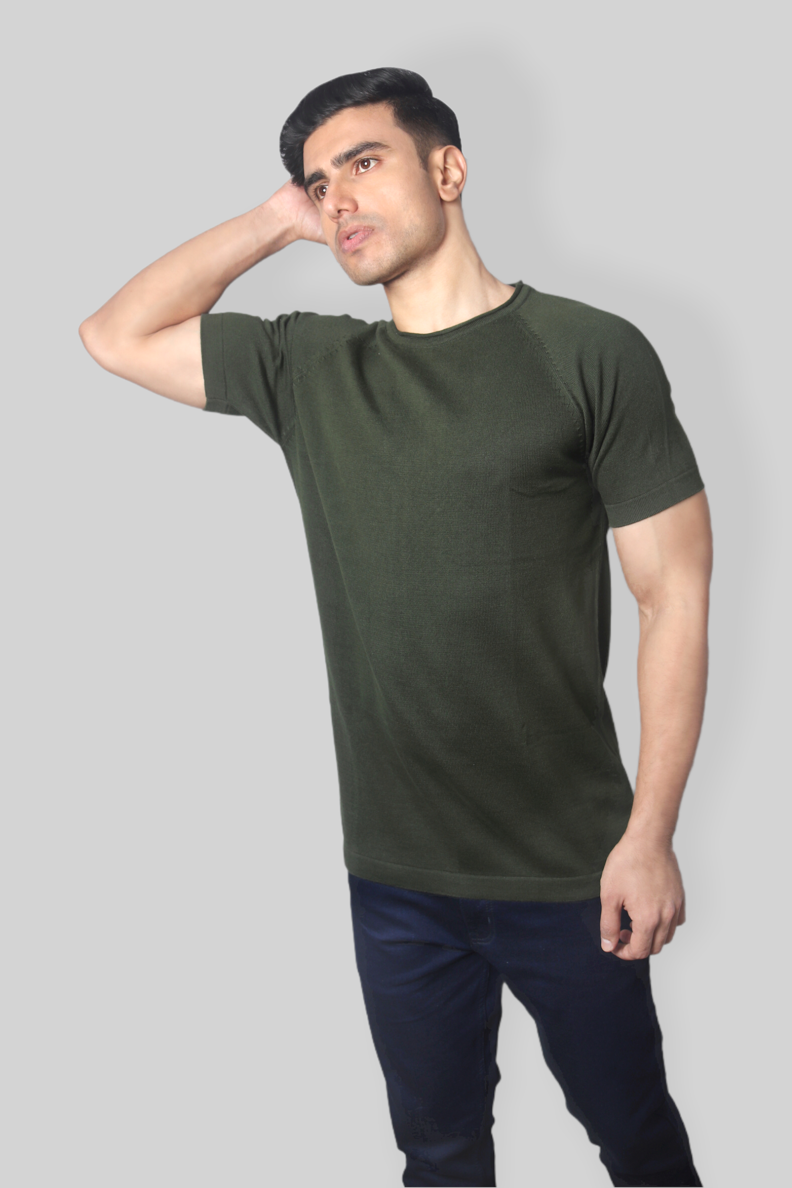 Dark Green Half Sleeve Rough neck Flat Knit T-Shirt for men