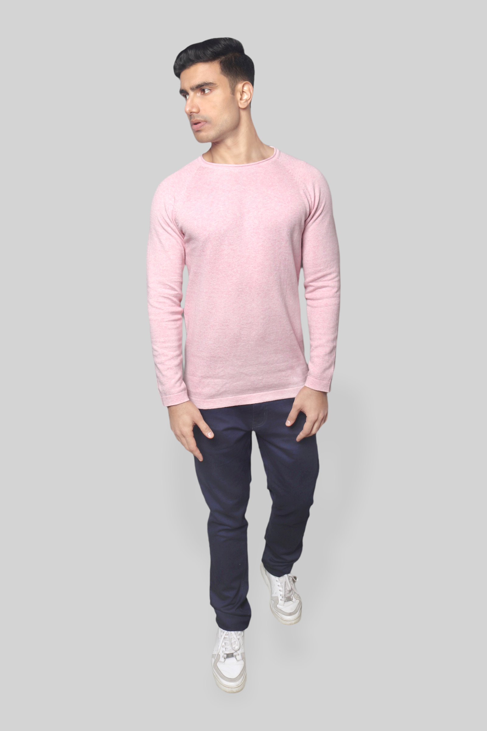 Pink Flat Knit Rough neck Full Sleeve T-shirt